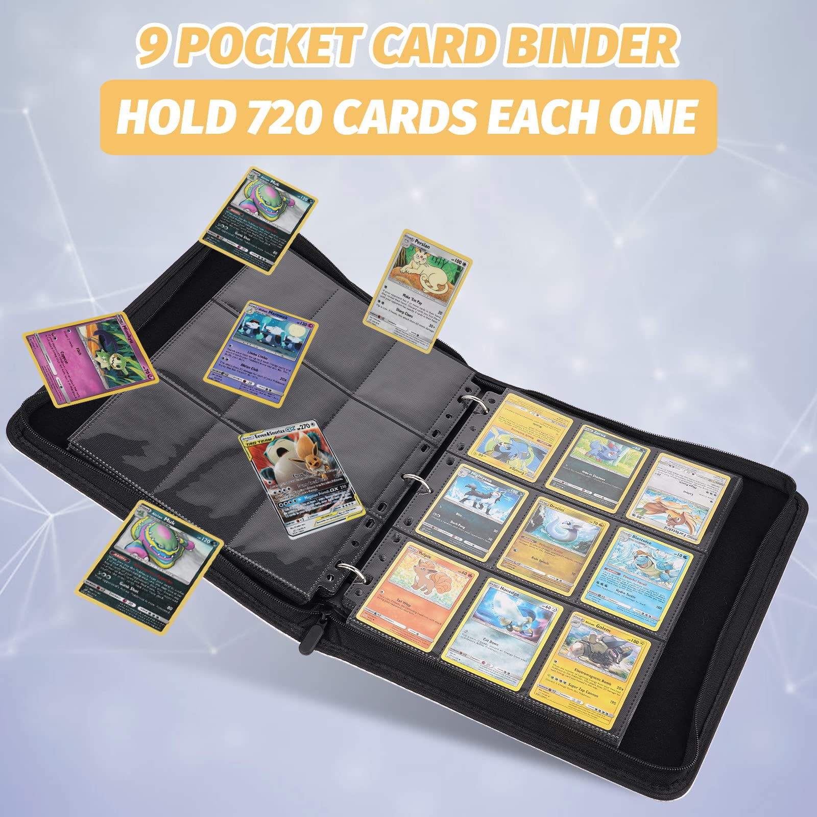 GERMUN Sammelkarten Binder, Premium 9 Pocket Card Binder, 720 Double Sided Pocket PU Sammelbinder, Sammelalbum, Kartenhalter für MTG, TCG, Sportkarten (Diamond Black)