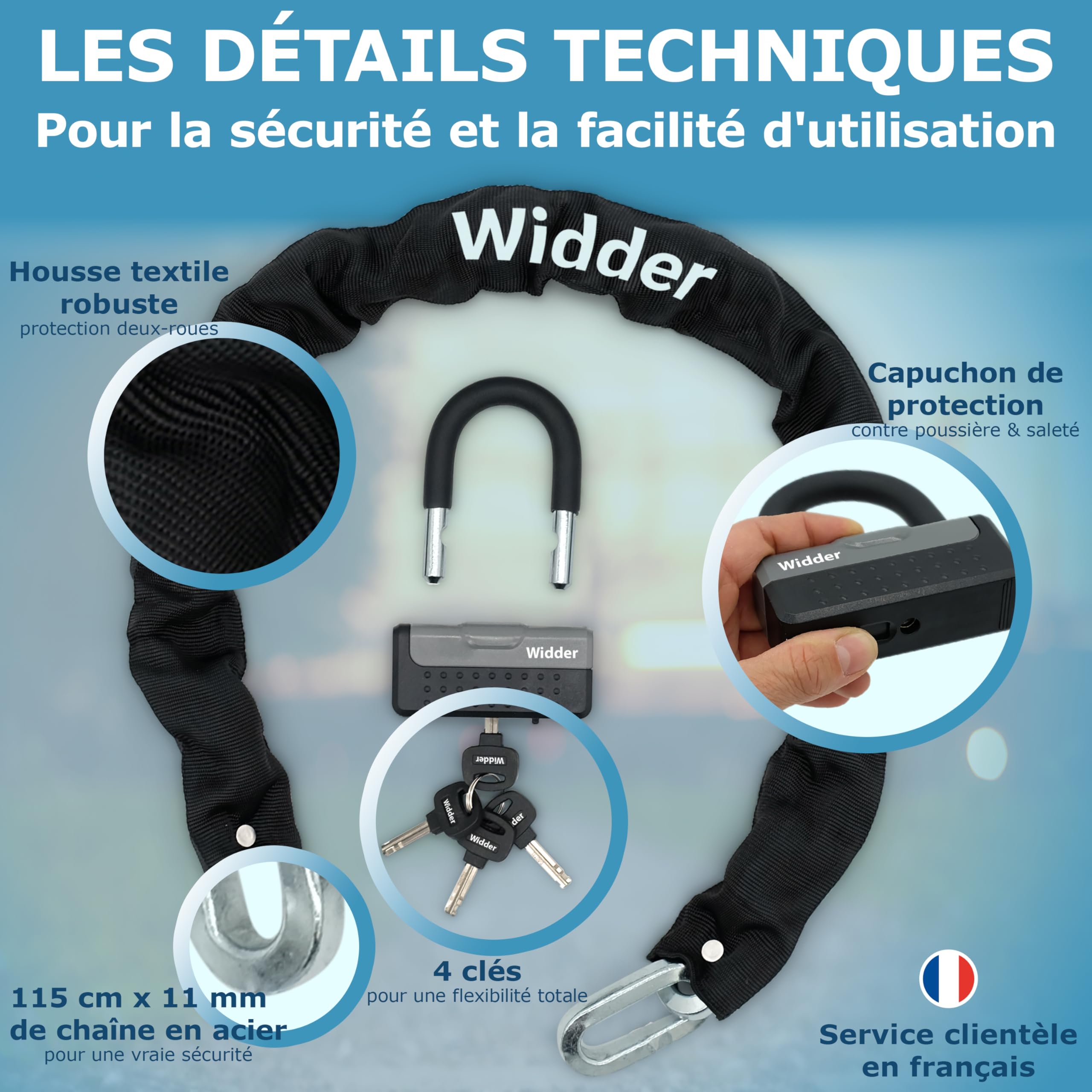 Widder Antivol à chaîne [Acier-Titane Niveau 15] avec 4 clés, 115cm de long