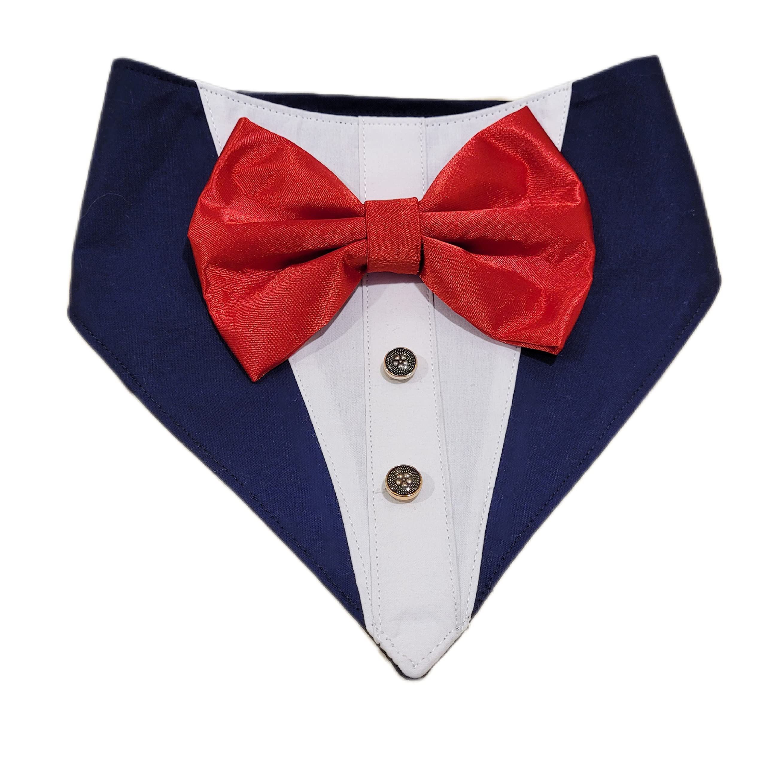 MahiNee Designs Elegant Tuxedo Bandana for Dogs, Blue and White Premium Cotton Fabric with Red Satin Bow (M) (B0BNJSMP73) Amazon Price History, Amazon Price Tracker