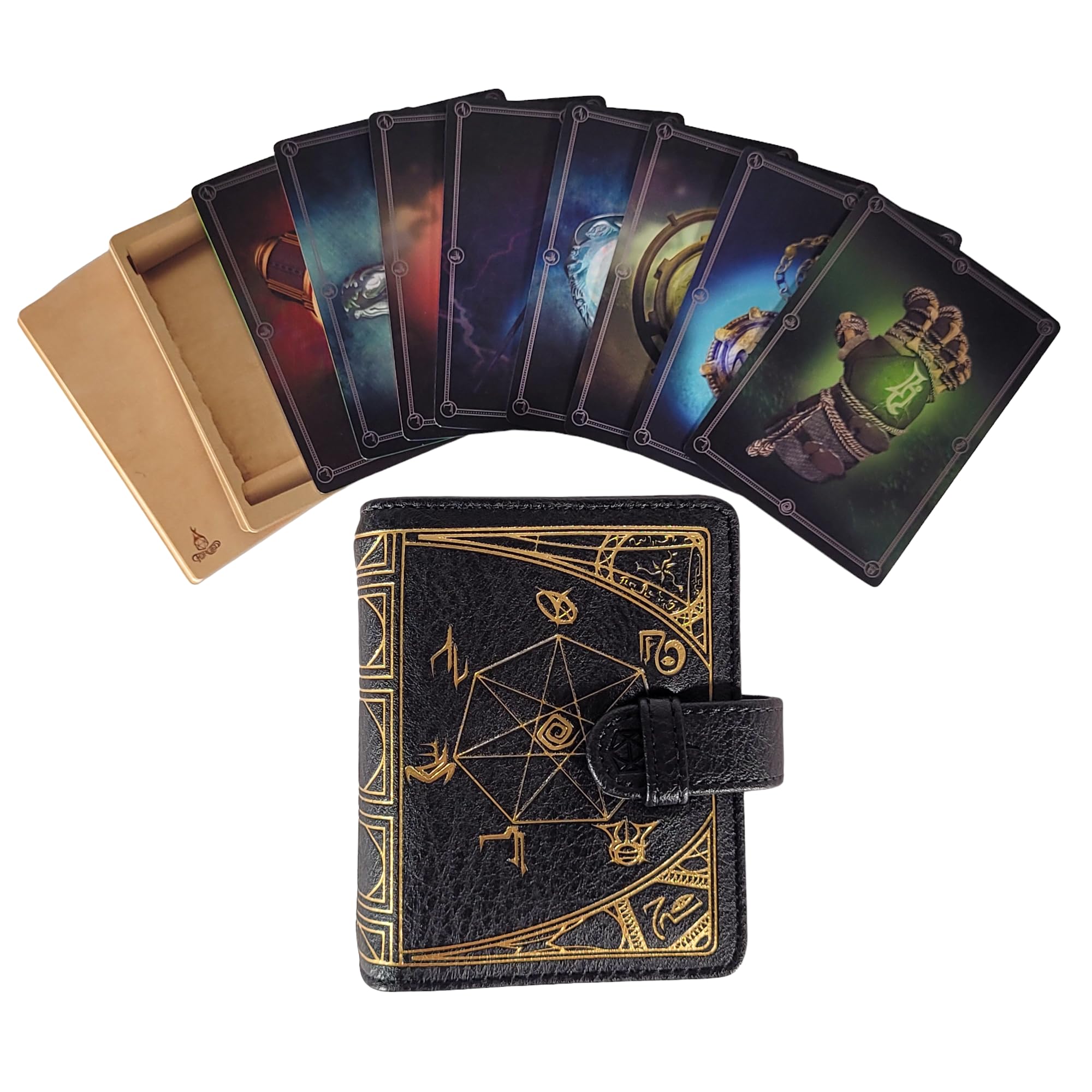 Forged Dice Co. Book of Incantations Spell Card Book - Deluxe Tome Edition - Black with Gold Foil and 8 Magic Item Cards