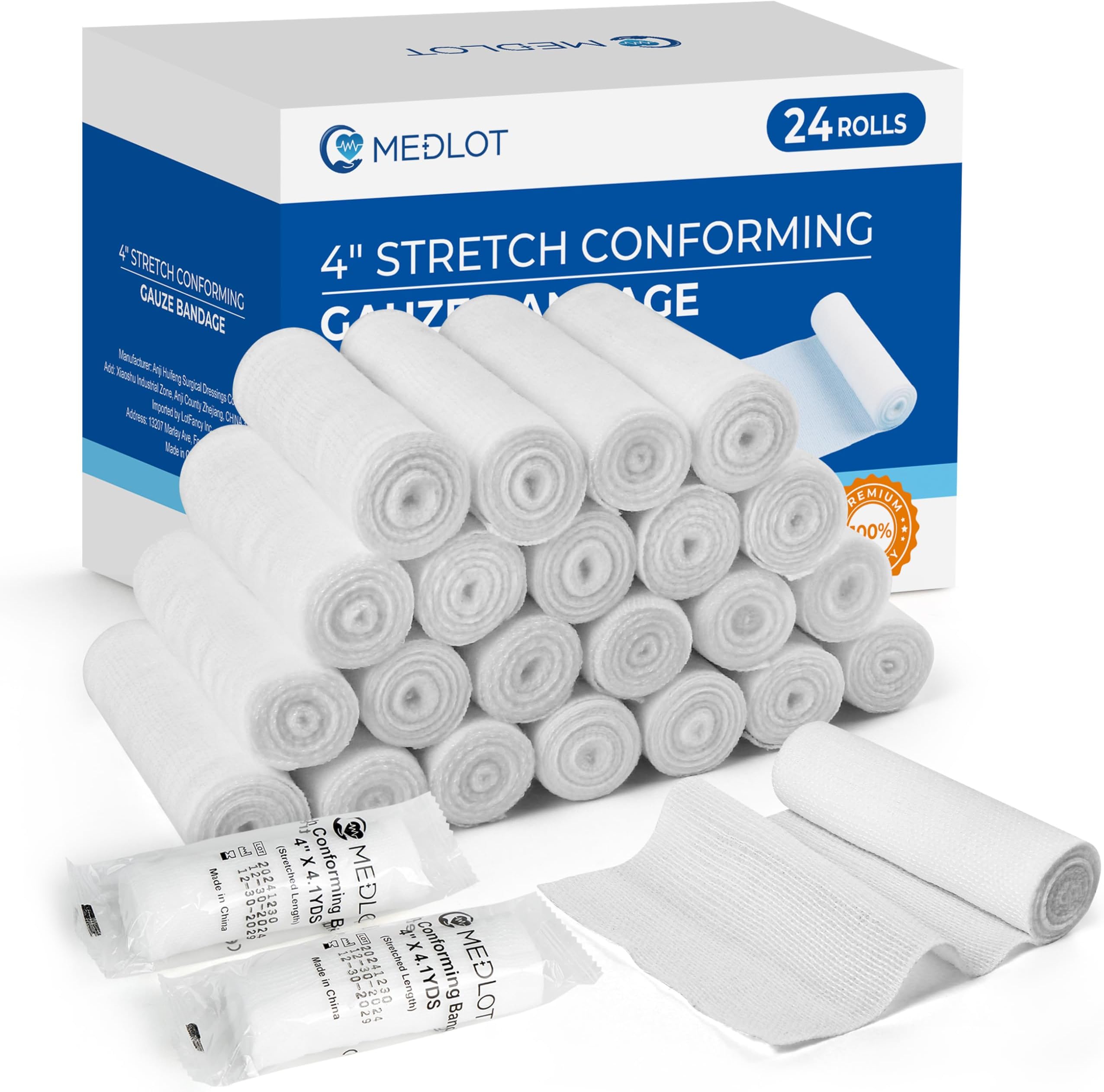 LotFancy Gauze Rolls, 24 Count, 4 Inch x 4.1 Yards, Rolled Gauze Wrap for Wounds, Conforming Stretch Bandage, Medical Supplies for First Aid