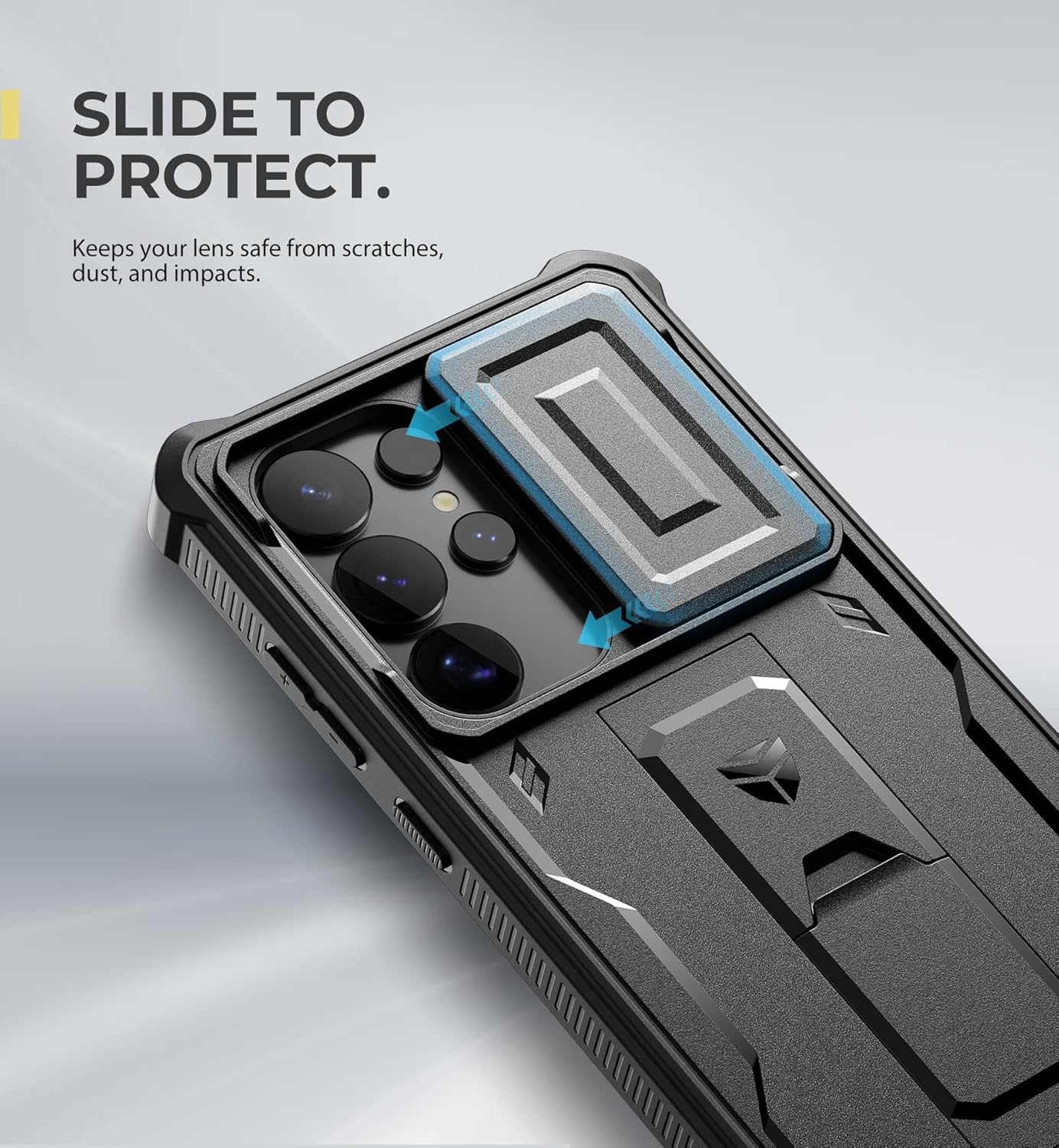 Close-up of the sliding camera cover on the Dexnor case, showing arrows indicating its movement.