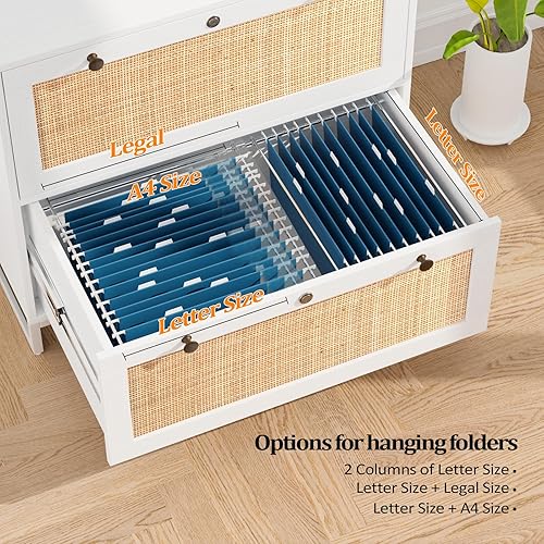 Miniatura 3 de VINGLI Archivador lateral de ratán blanco y natural con 2 cajones con cerradura, archivadores de madera con bloqueo para oficina en casa, gabinete