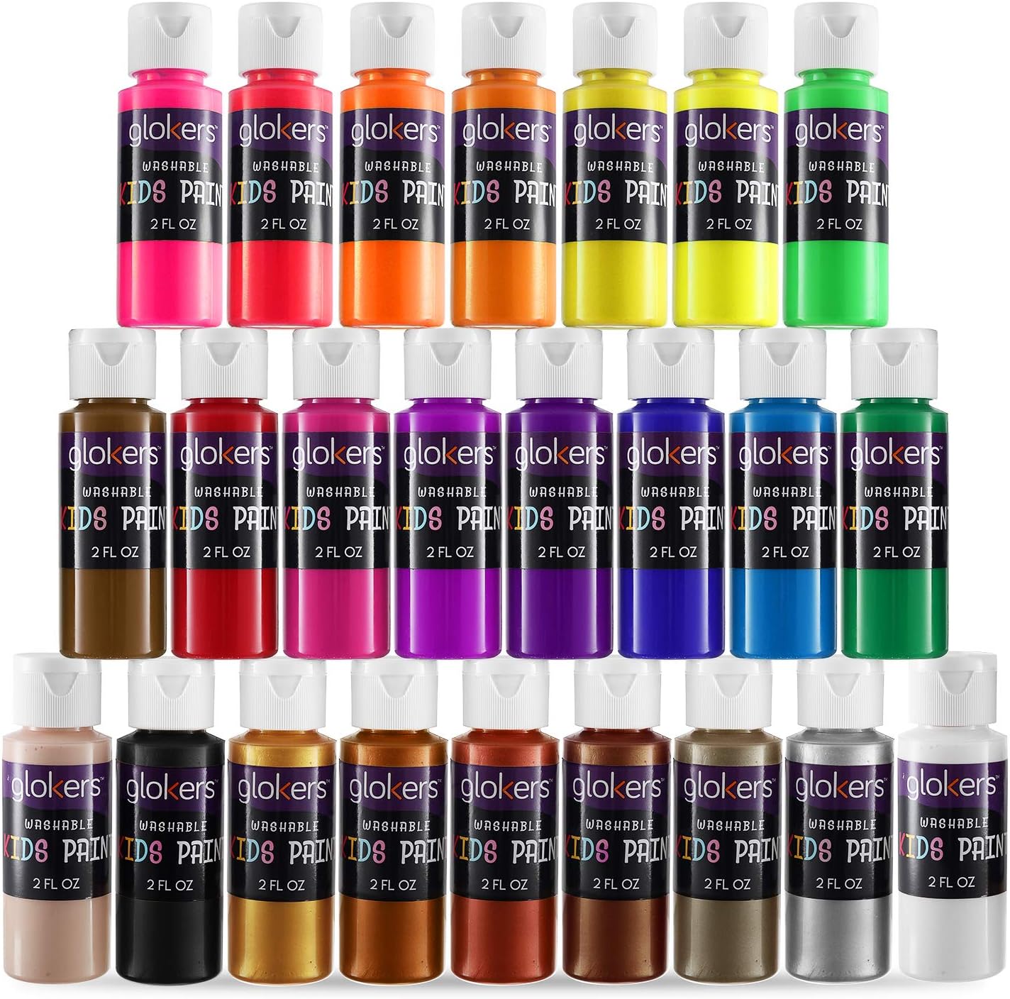 24 Color Washable Paint Set for Kids - Mix of Tempera Fluorescent & Metallic Colors - 2-Ounce Bottles of Bold Non-Toxic Kids Paints - Toddler Art Supplies Great for Finger Painting, Art Projects