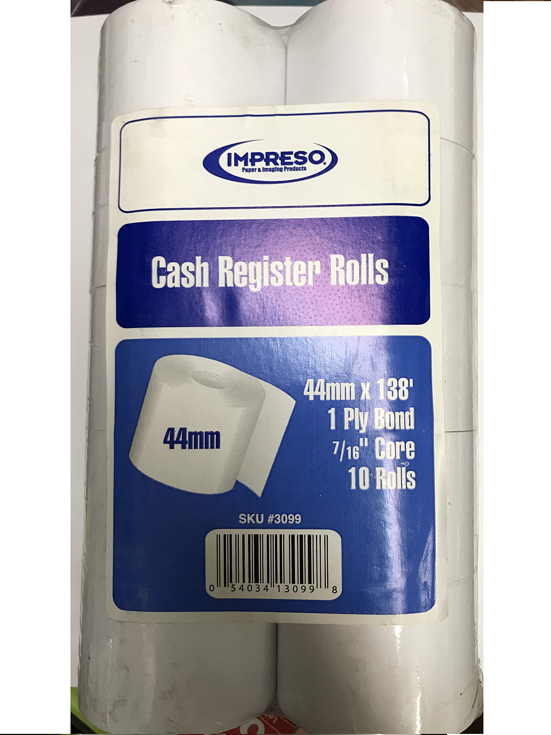 Impreso Cash Register Rolls 138 Feet (L) x 44 mm (W) 1 Ply 7/16" Core Sold in Units of 10 Rolls