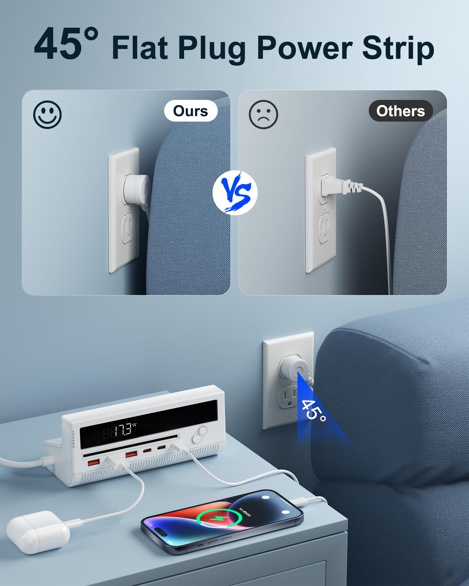 USB-Netzteil, 4 AC-Ausgänge, 3 USB-C-Anschlüsse und 3 USB-A-Anschlüsse, weiß