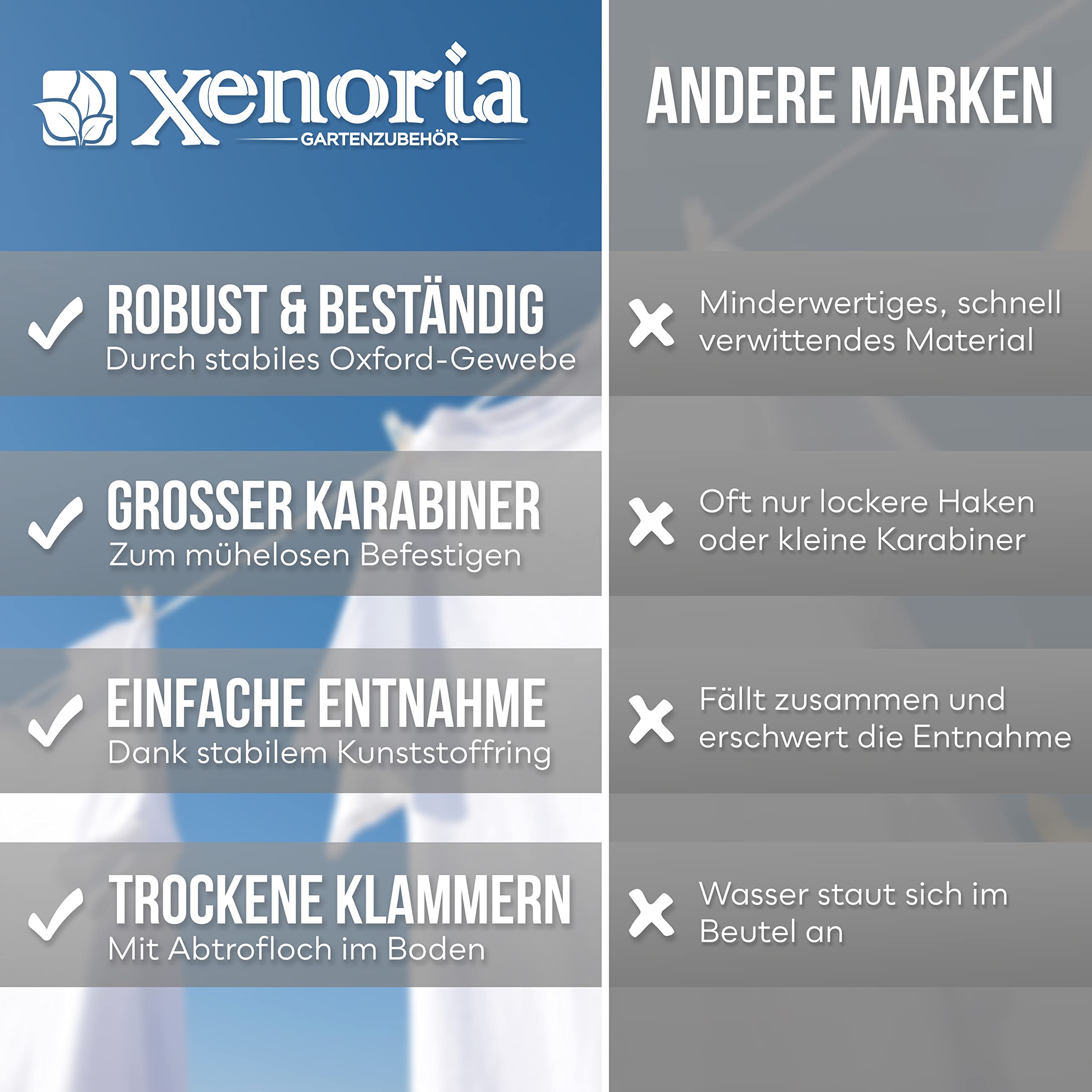Xenoria Woreczek premium na 250 spinaczy do prania, z haczykiem do zawieszenia, z wytrzymałego materiału, nadaje się do użytku wewnątrz i na zewnątrz (ciemnoszary)