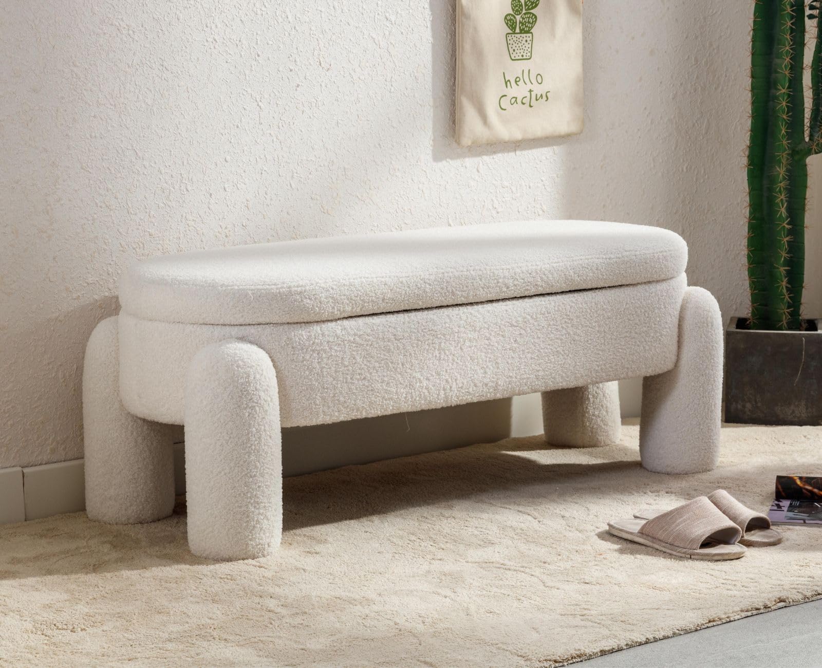 Ya-Home Cassapanca Pouf Panca Contenitore Panca Fondo Letto Cassapanca Contenitore in Pelliccia Sintetica per Camera da Letto/Soggiorno, Bianco,114cm