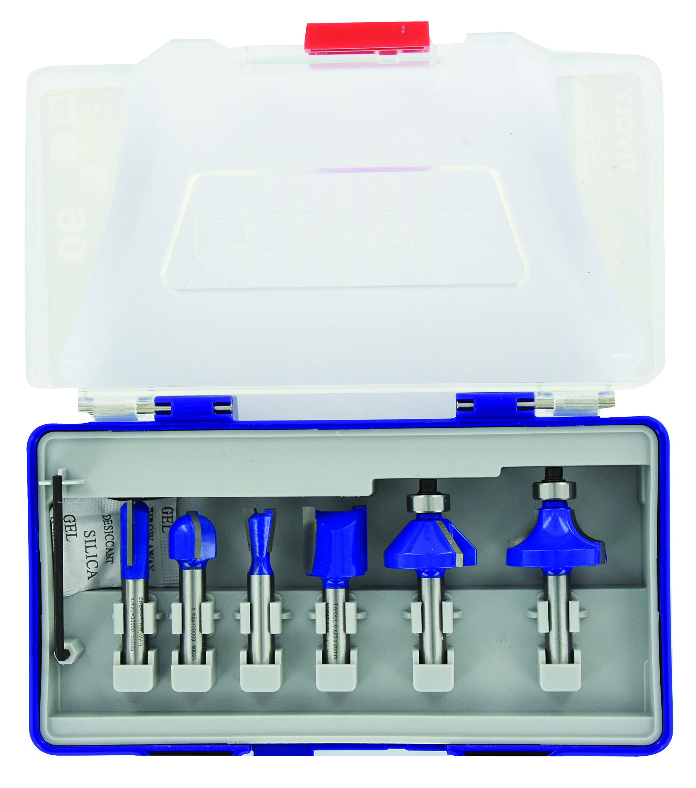 Tivoly - Coffret de 6 Fraises Défonceuse Queue 8mm - Lame Carbure Affutée Diamant Très Résistante, Ultra Tranchante - Haute Précision - Queue 8mm - Conforme norme EN847-​1