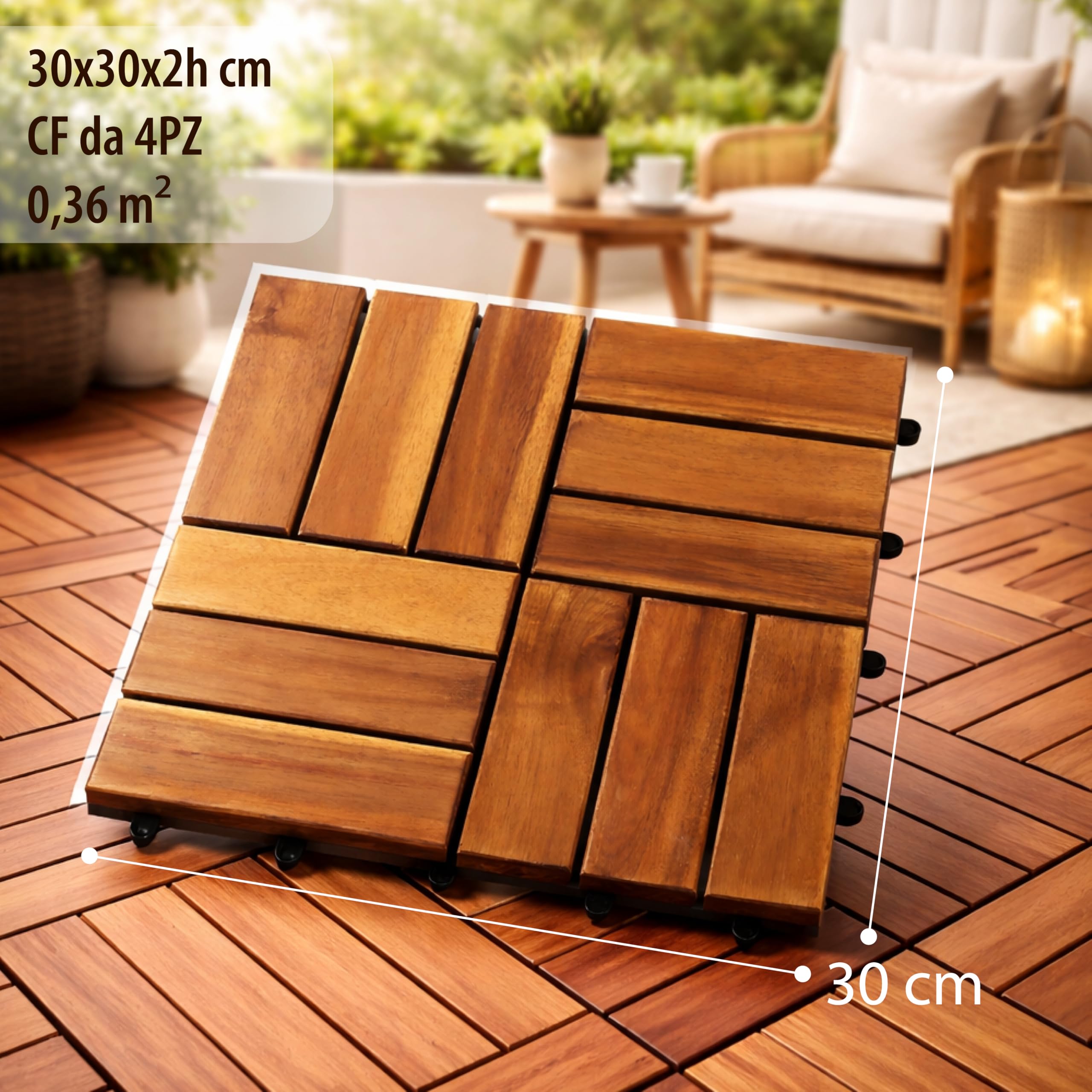 Ma Maison Set di Piastrelle in Legno di Acacia 30x30x2h cm - 12 Dogne Ciascuna, Pavimento Esterno, Giardino, Sistema a Incastro, per Terrazza, Patio, Resistente - Set da 48PZ - 2