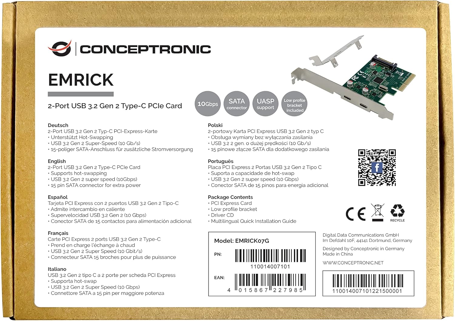 Conceptronic EMRICK07G PCIe card with a low profile bracket, showing the USB-C ports and SATA power connector.