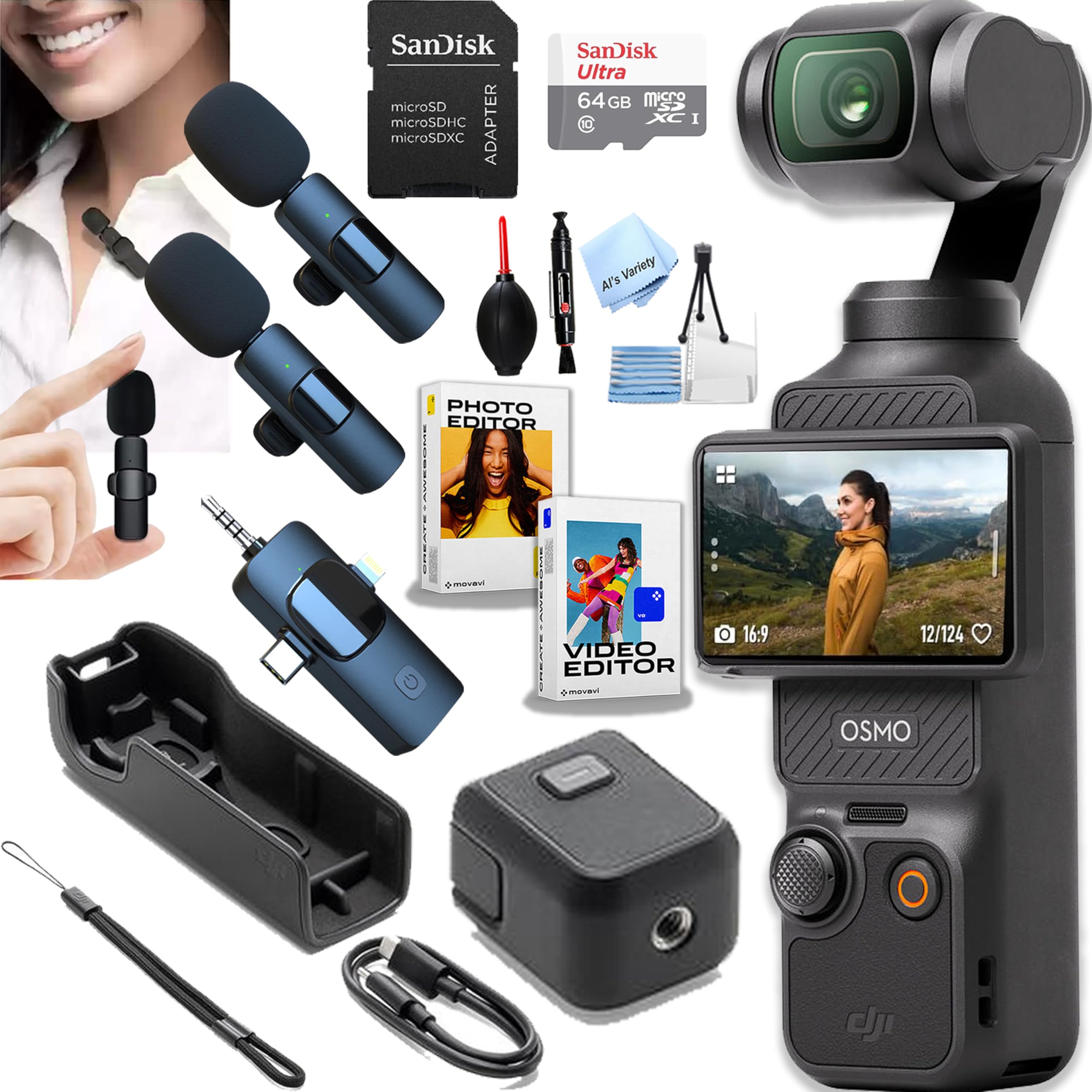 DJI Osmo Pocket 3, Vlogging Camera, 4K/120fps Vlog Camera, 3-Axis Stabilization, Face/Object Tracking, + 64GB Memory, 2pc Mic, Software + More (Podcast Vlogging Bundle)