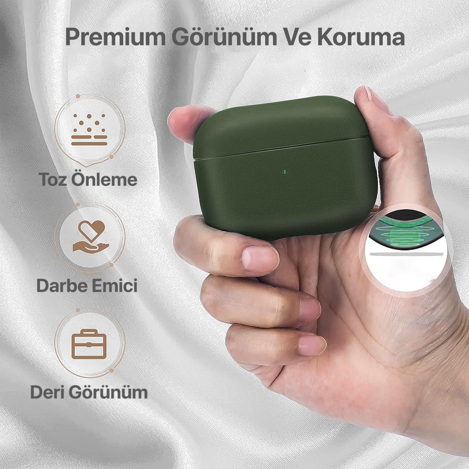 Minesk Airpods Pro 2. Nesil ile Uyumlu Leather Skin Serisi Parmak İzi Tutmayan Dış Yüzeye Sahip ve Mükemmel Koruma Sağlayan Orta Sertlikte Silikon Kılıf (Haki)