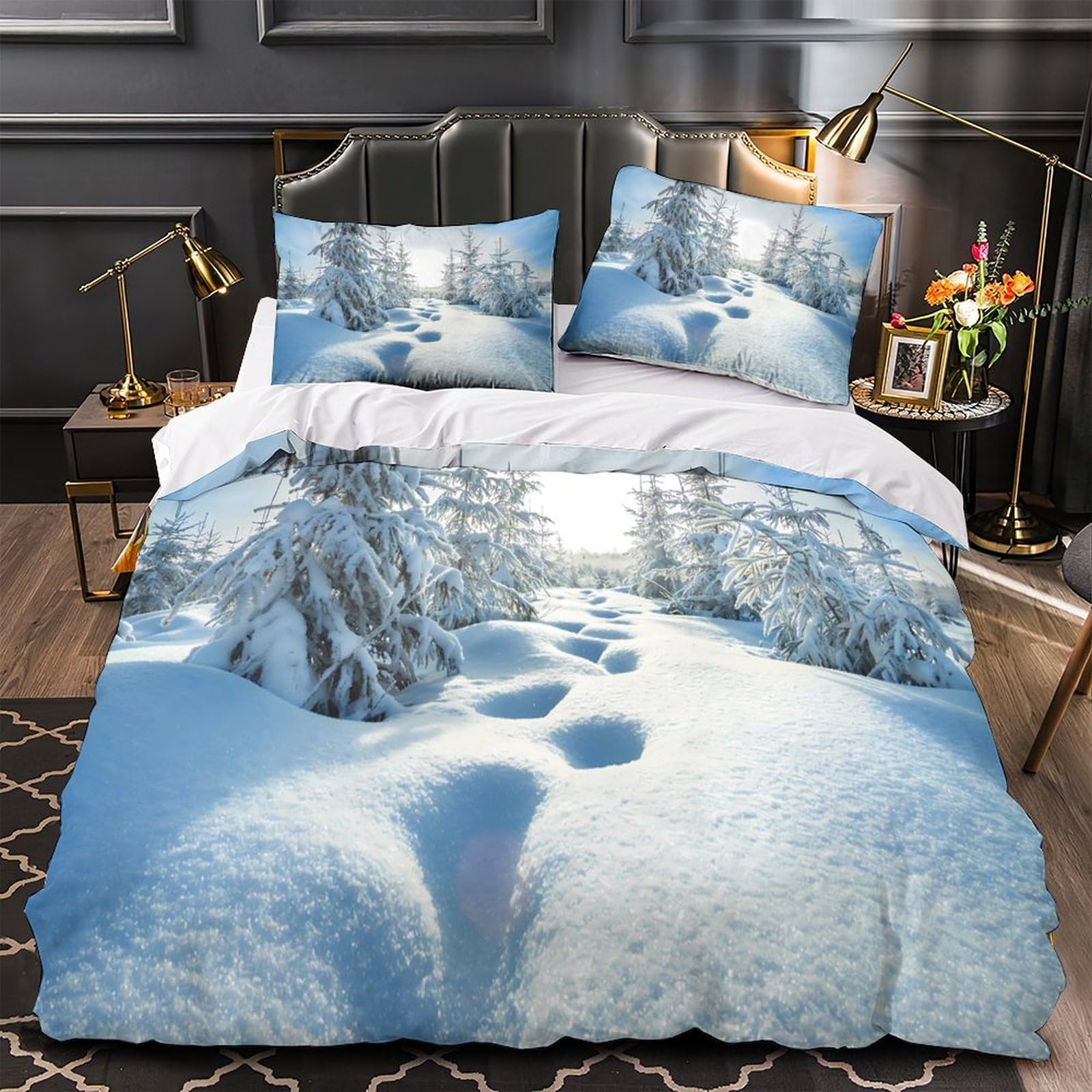 Housse de couette microfibre résistante paysage d'hiver 3D anti-plis pour lit ado