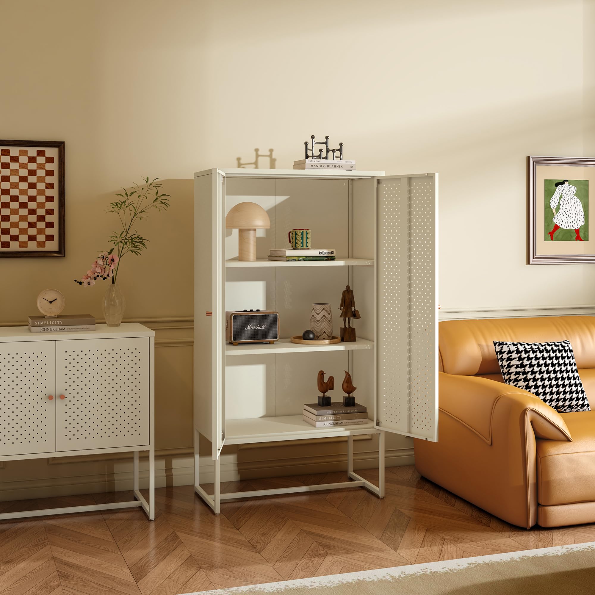 [en.casa] Wohnzimmerschrank Viitasaari Highboard mit 2 Türen Metallschrank aus Stahl 3 Fächer Büroschrank 150 x 80 x 40 cm Aufbewahrungsschrank Cremeweiß