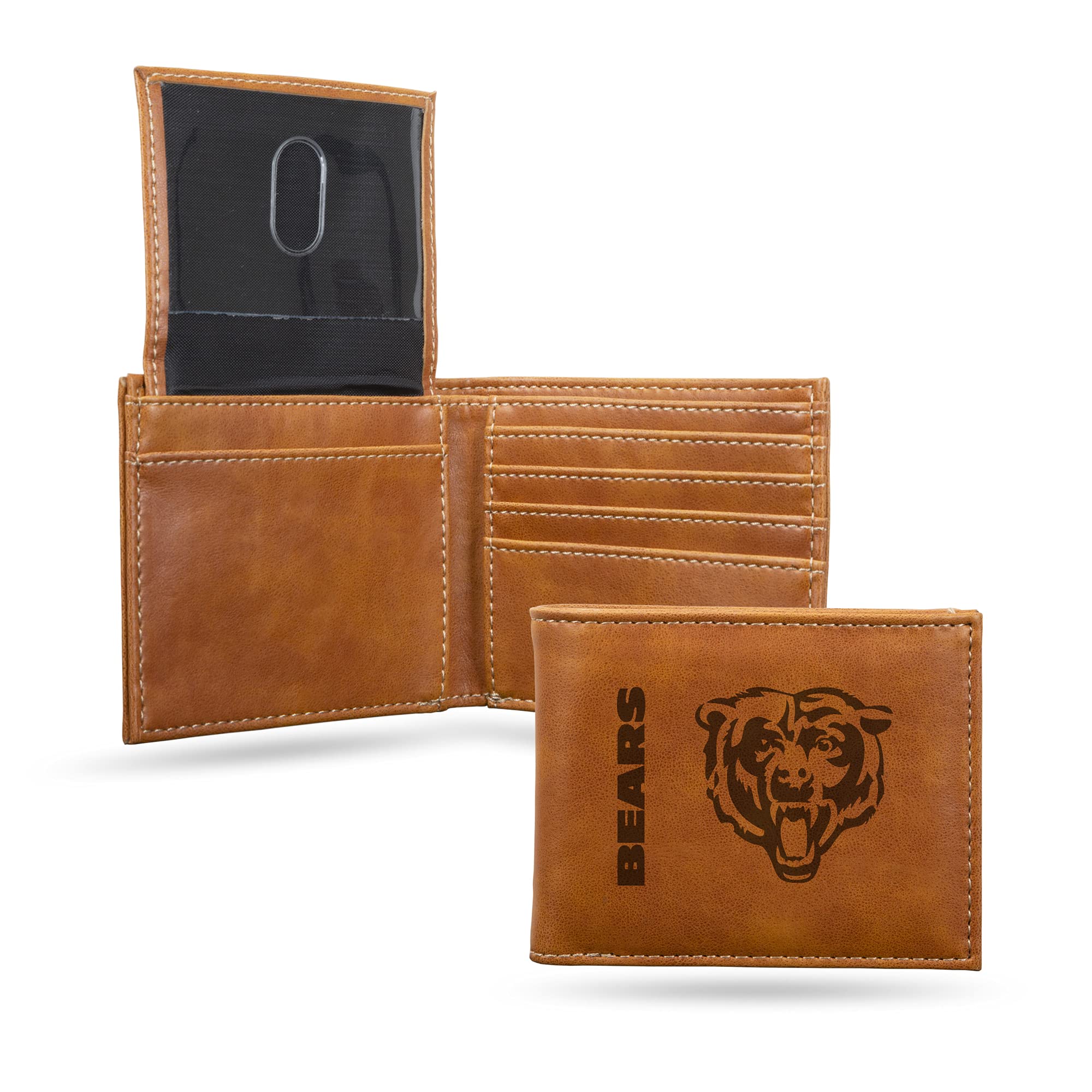 Rico Industries NFL Chicago Bears Premium Laser Engraved Vegan Brown Leather Bill-fold Wallet - Slim yet Sturdy Design - Perfect to Show Your Team
