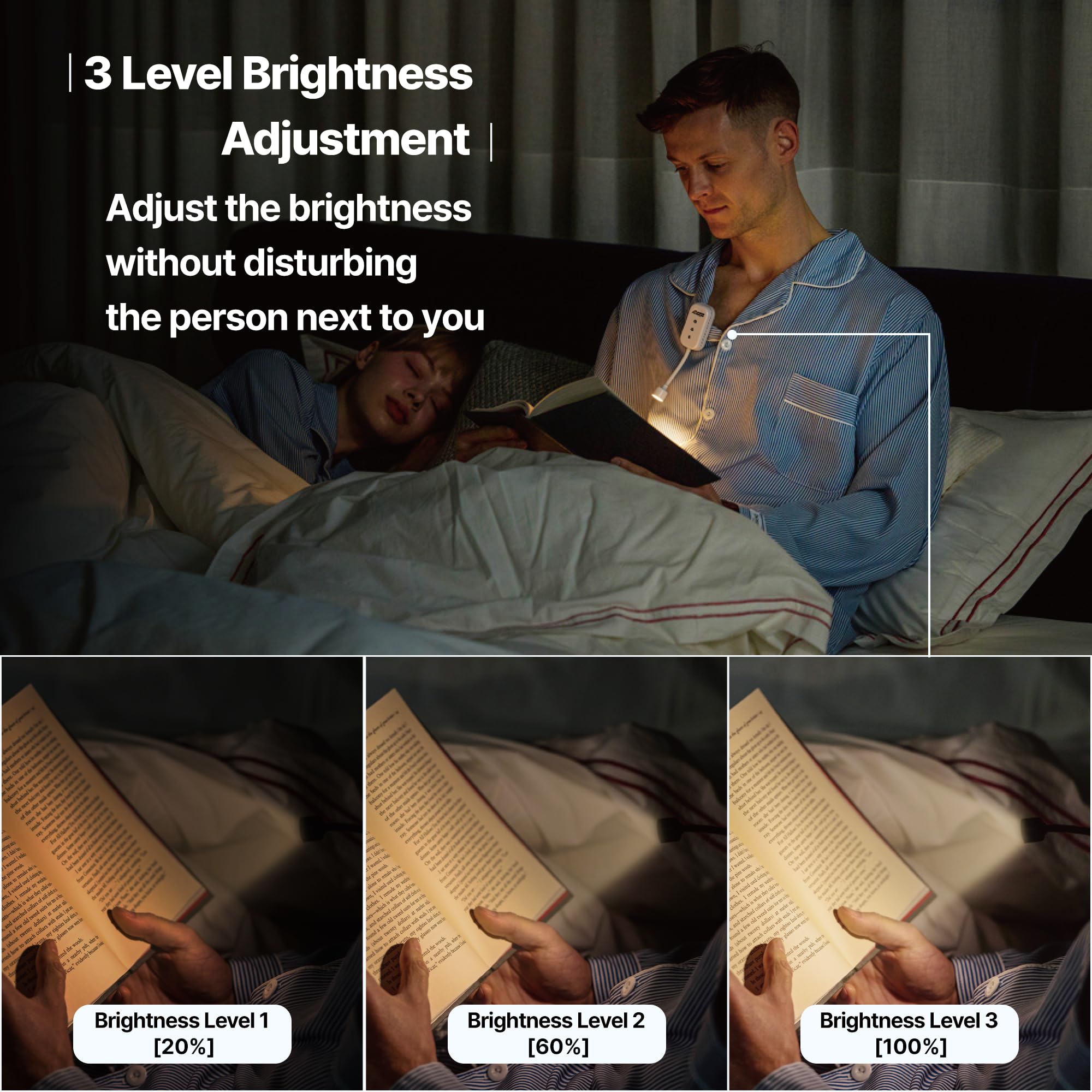 Luz de libro con clip para ropa con funda portátil, lámpara LED recargable por USB para leer en la cama, 3 modos de color amigables con los ojos, atenuación de 3 niveles, gran regalo para