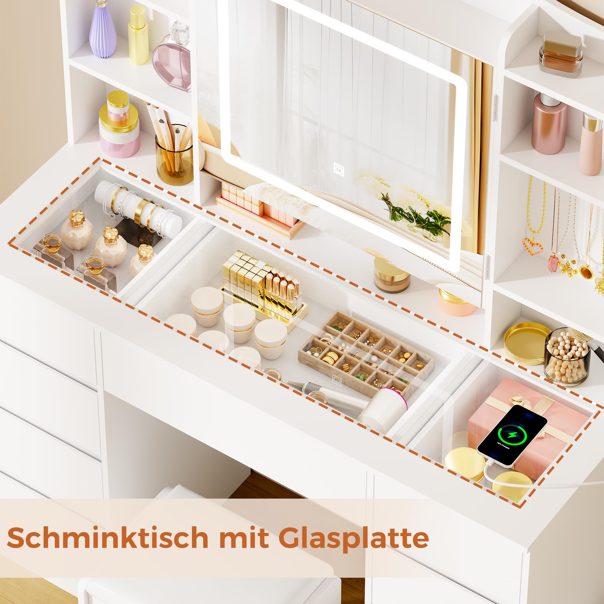 ANWBROAD Große Schminktisch mit LED-Beleuchtung und Steckdosen, Spiegel, Glasplatte und Hocker, Verstecktem Stauraum, Schminktisch mit 9 Schubladen, 7 offenen Ablagen und 5 Schmuckhak Weiß BDT21W