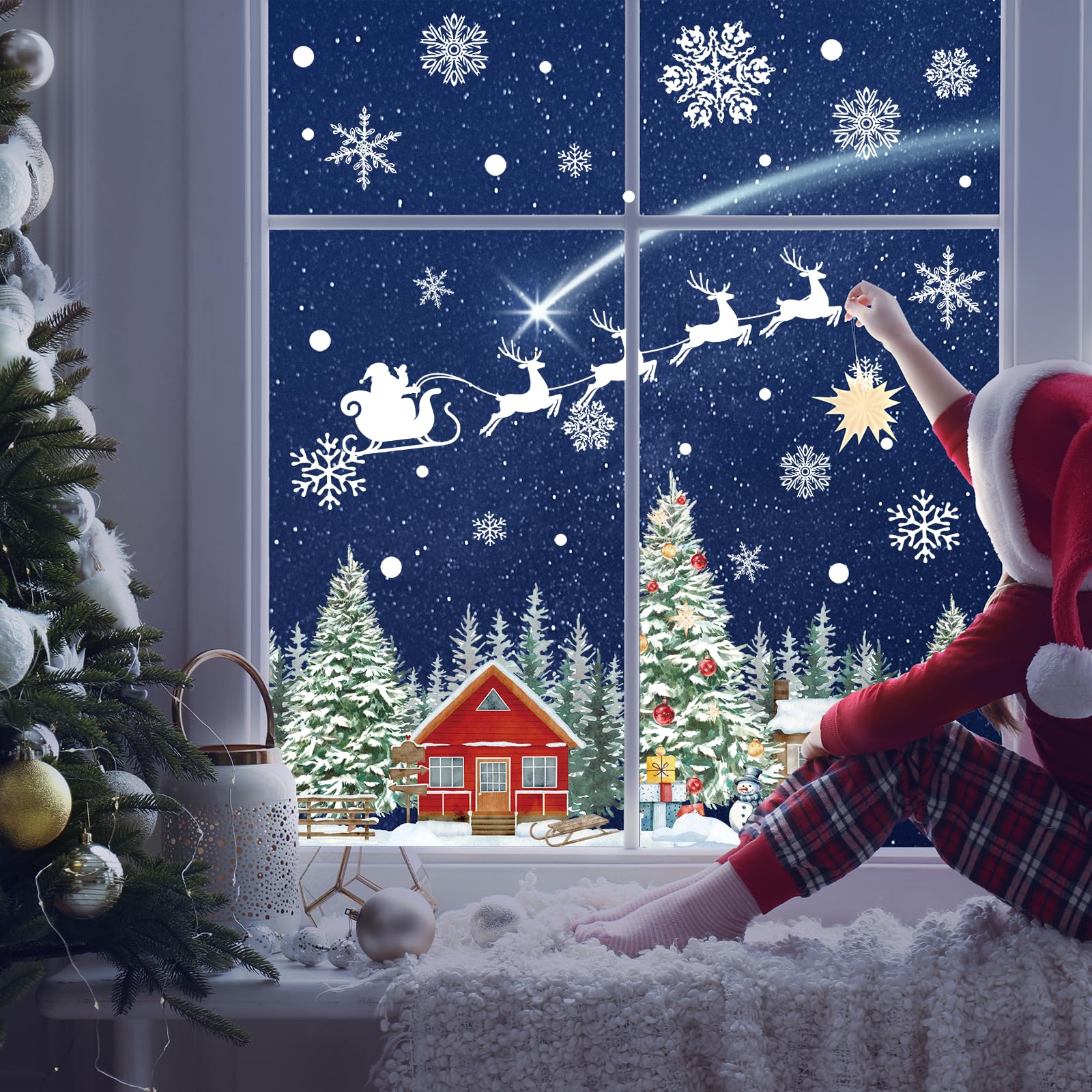 APROPHIC Christmas Tree Window Clings, Santa Tree Reindeer Snowman Christmas Stickers, Snowflakes Xmas Winter Holiday Window Decals for Party Office Classroom, Reusable
