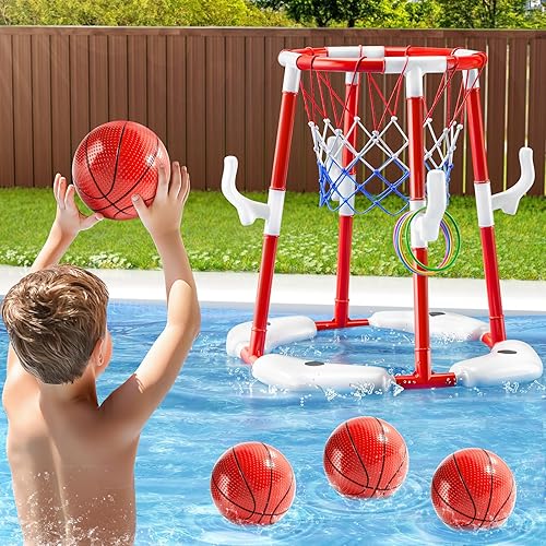 Miniatura 9 de Juguetes de aro de baloncesto para piscina para niños de 3, 4, 5, 6, 7 años, aro de baloncesto flotante con 4 bolas, bomba, lanzamiento de anillo,