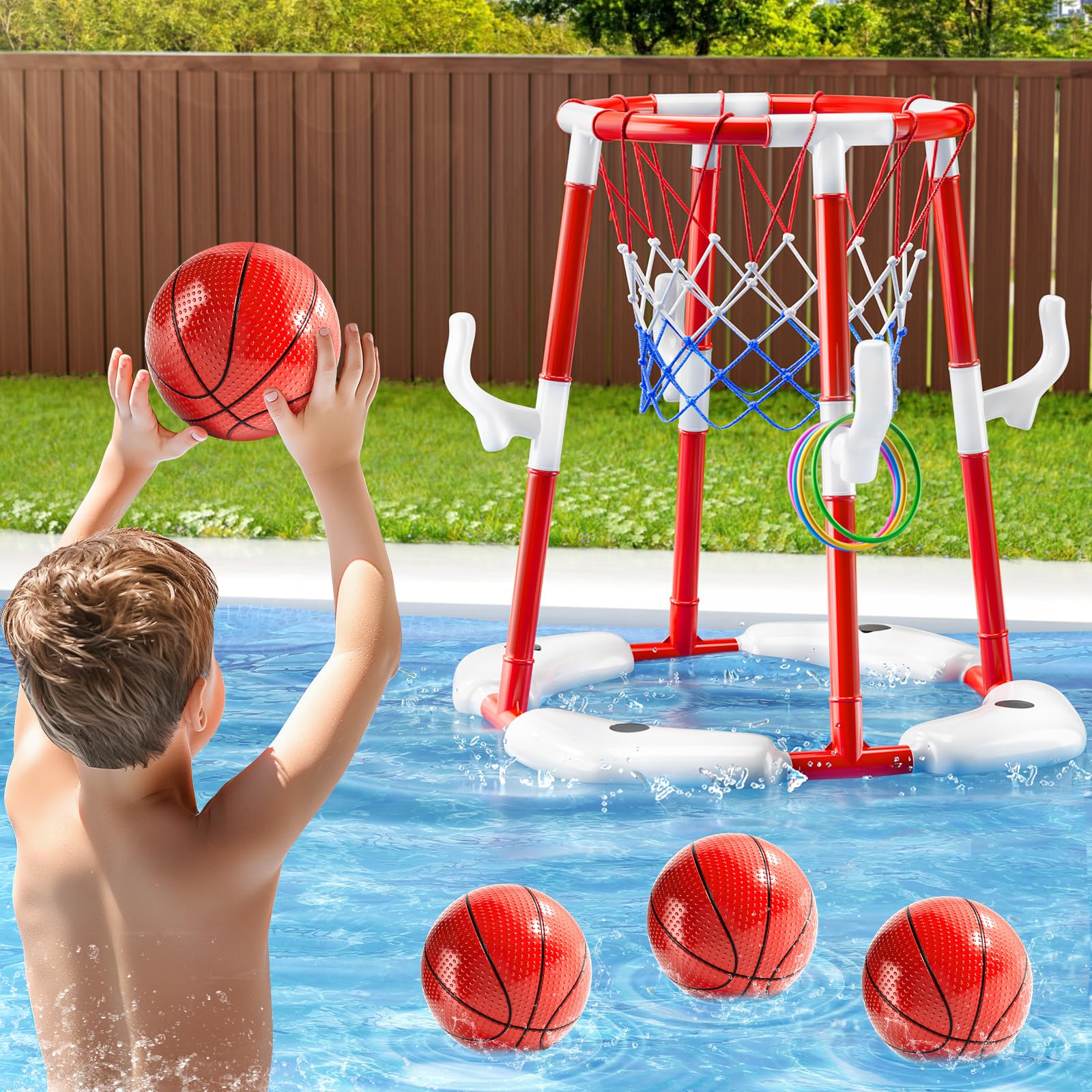 JUKUDAHU Pool-Basketballkorb für Kinder 3-12 Jahren 2-in-1 schwimmendes Pool Spielzeug mit Ringwurfspiel 4 Bälle und Pumpe