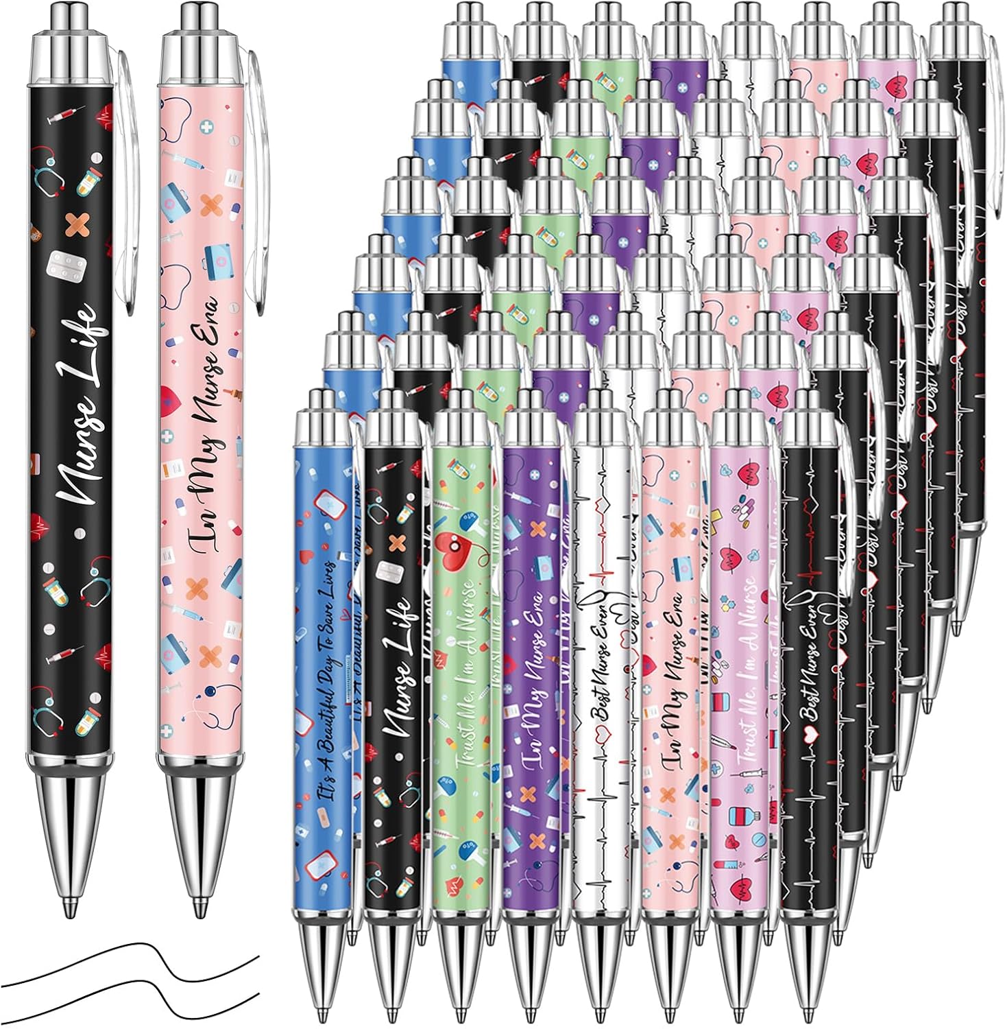 Ctosree 48 Pcs Funny Nurse Pens Bulk Lovely Cartoon Cute Retractable Nursing Pens Black Ink Ballpoint Nurse Gift for Emt Rn Lpn Cna Nurses Week Nursing Students Appreciation Gifts