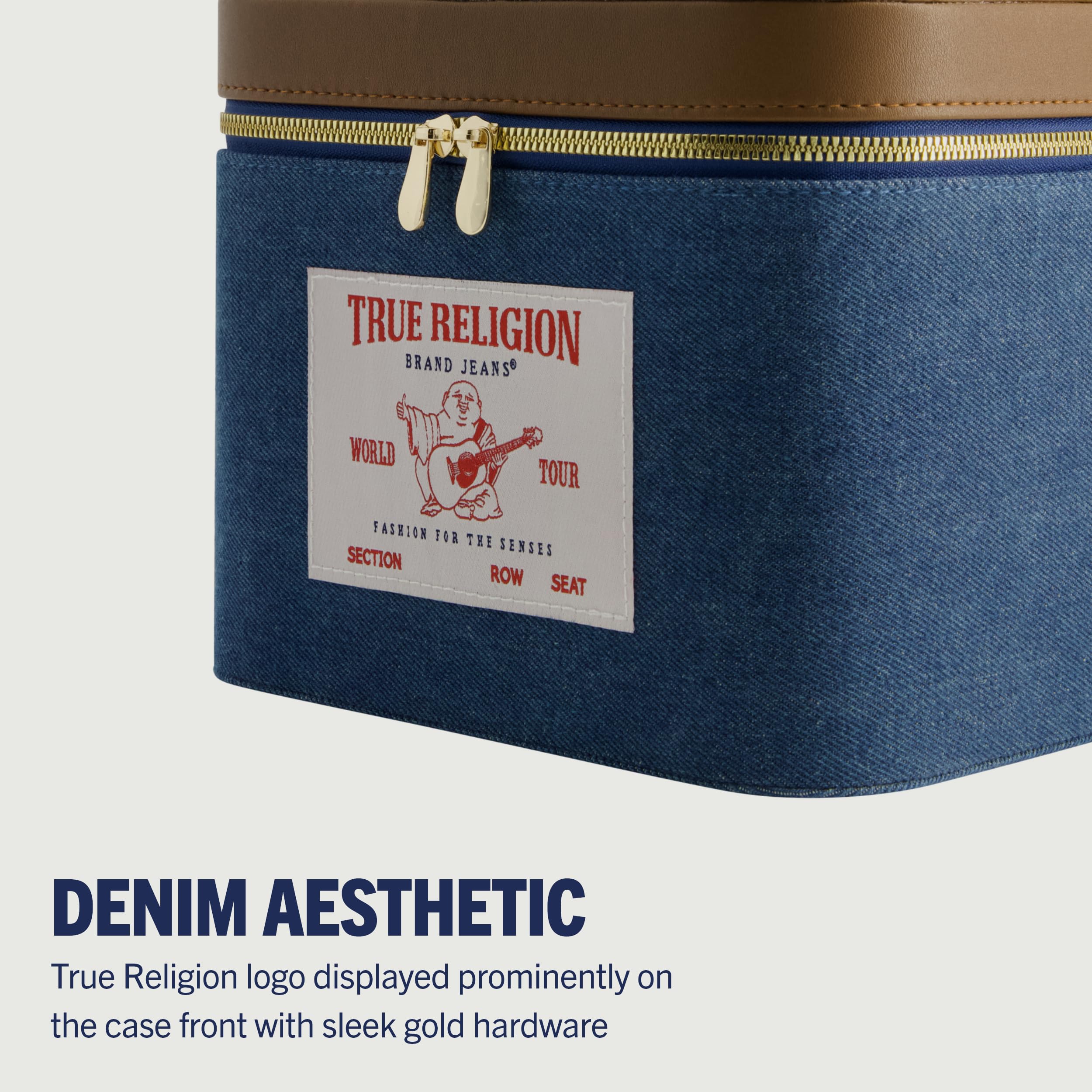 True Religion Beauty case da donna, grande organizer da viaggio con specchio, denim