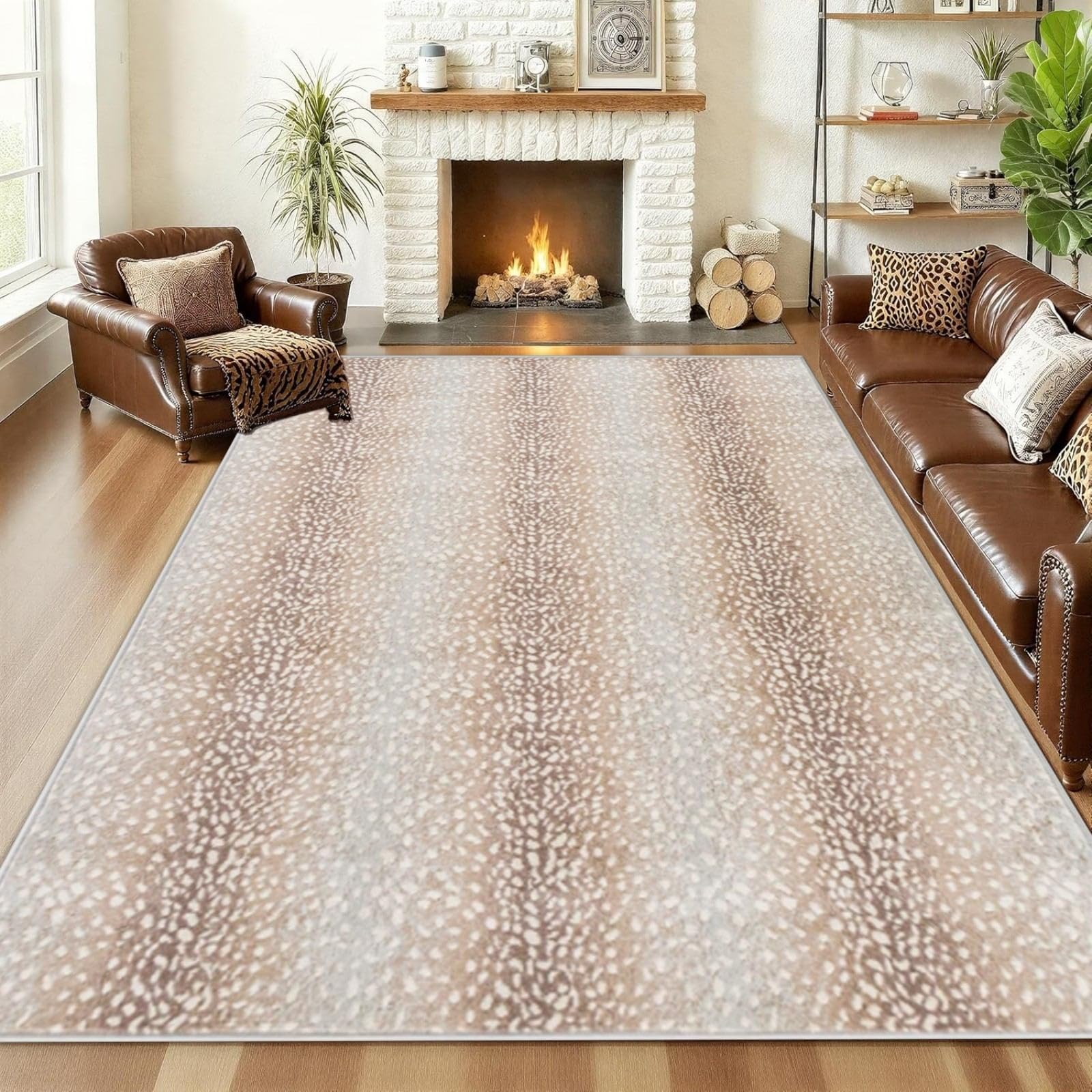ZLXMN Antelope Print Area Rug 60x110cm Camel Brown Faux Sheepskin Rug,Western Decor Soft Foldable Animals Printed Hide Mats for Living Room, Bedroom Indoor Mat