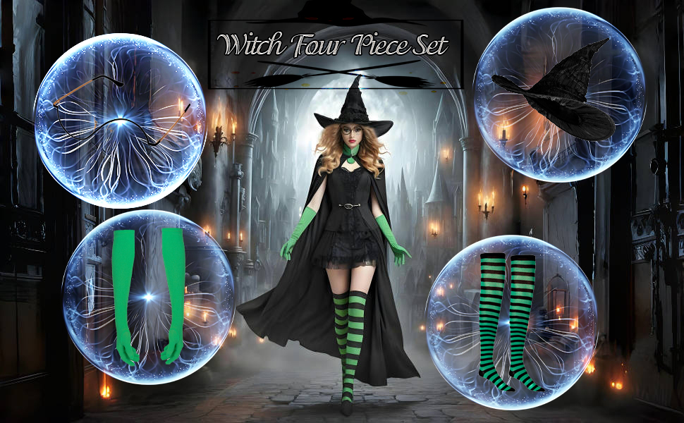 Elphaba Costume Carkno Witch Costume Accessories For Women Witch Hat Glasses Green Claw Gloves Party Dress Up For Elphaba Wicked Costume