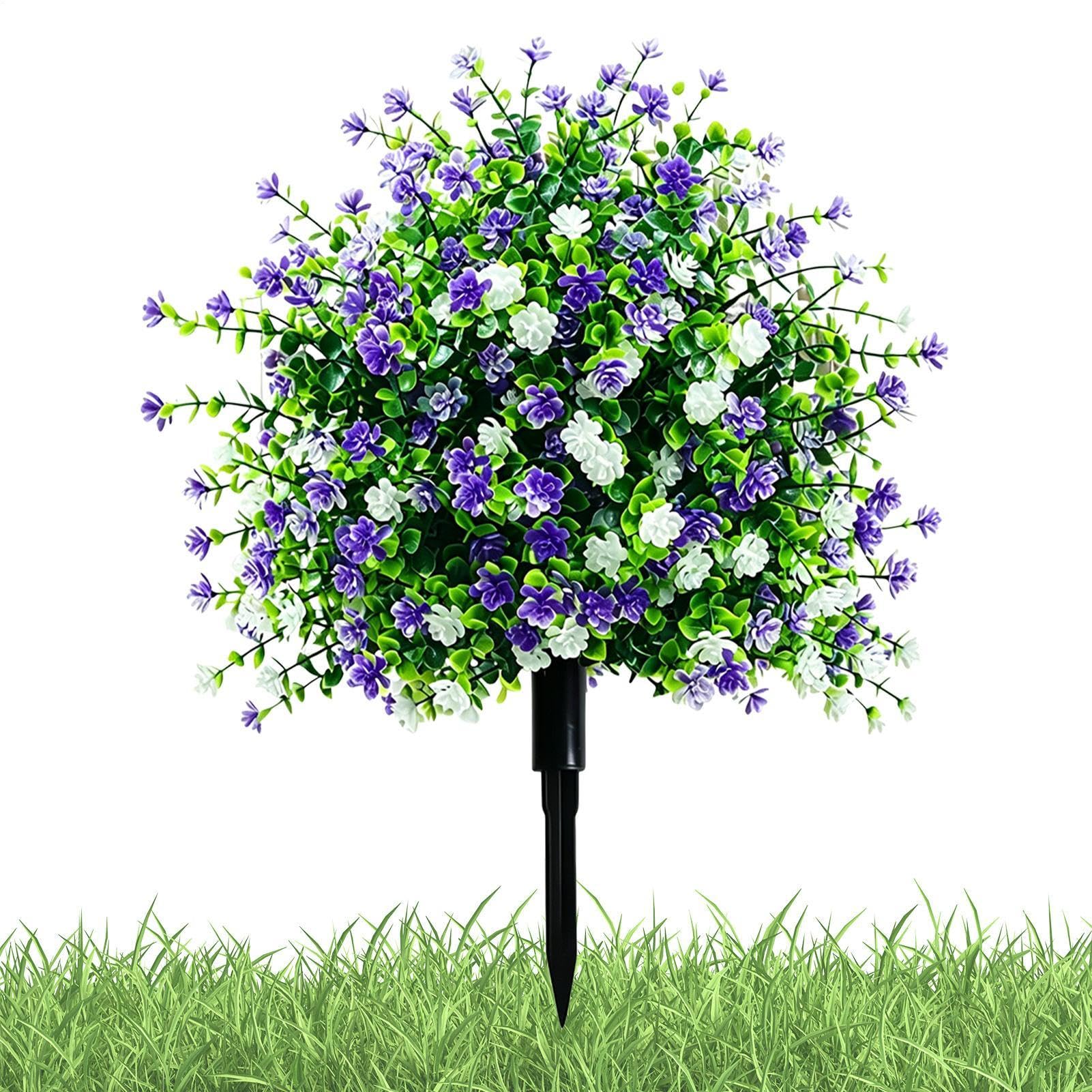 Fleurs artificielles violettes avec piquets d'ancrage, arbustes résistants UV