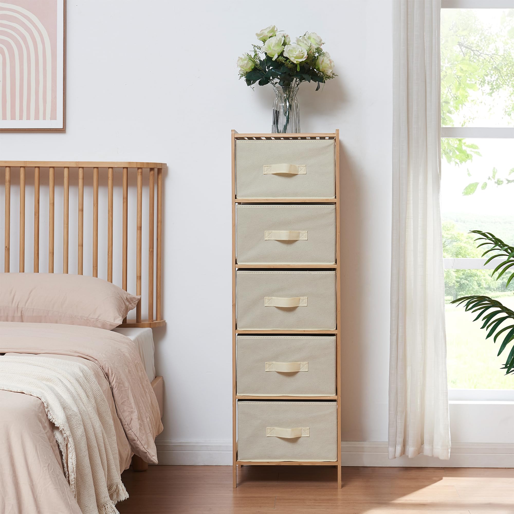 [en.casa] Kommode Maldon mit 5 Stoffschubladen Schubladenschrank 122 x 37 x 35 cm Aufbewahrungsschrank für Schlafzimmer Flur Ankleidezimmer Bambusgestell Natur/Beige