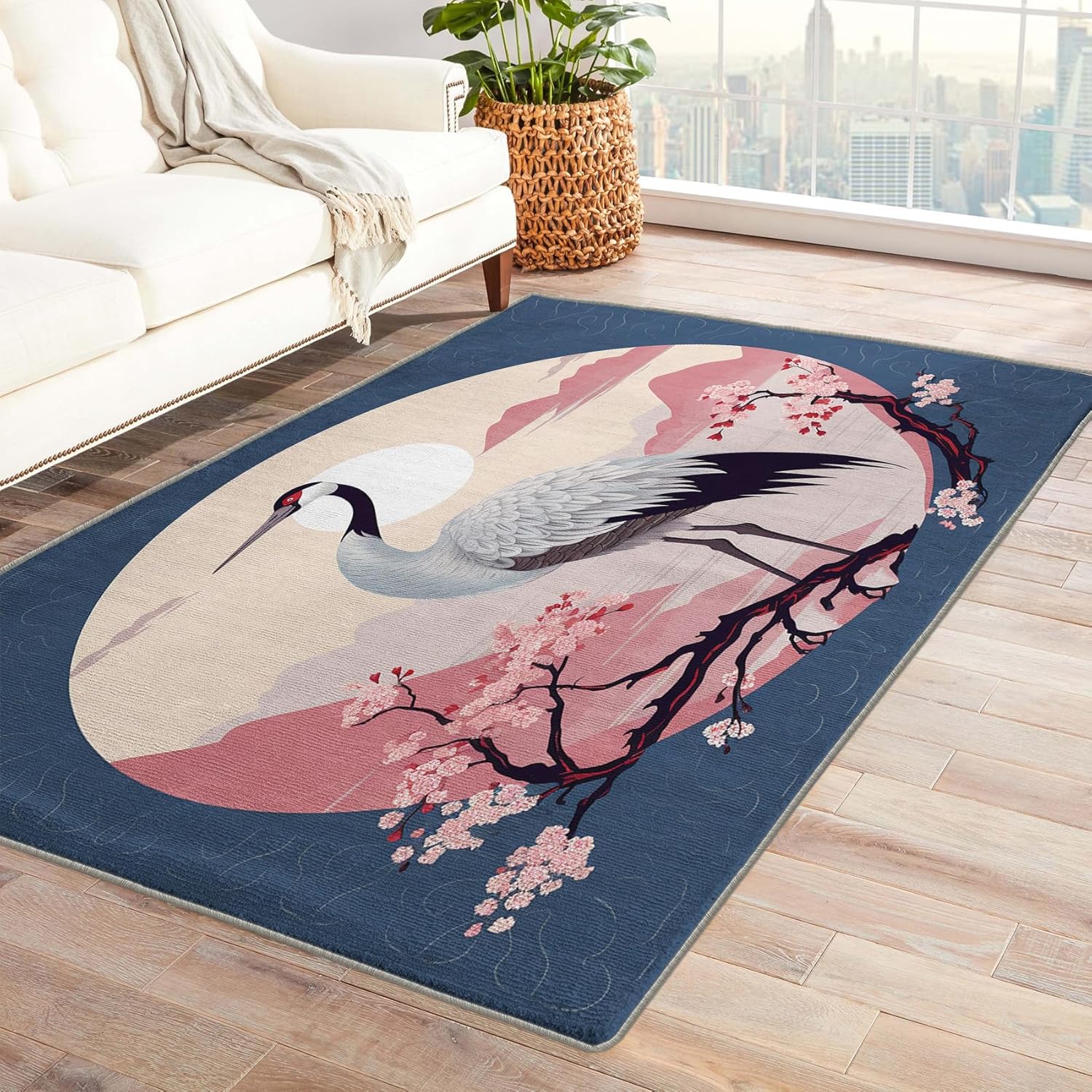 Japanese Rug & Home Decor - 2x3 Rug, Japan Crane Rugs for Entryway Living Room Bedroom, Cherry Blossom Carpet, Washable Non Slip Soft Low Pile Indoor Door Mat & Room Decor