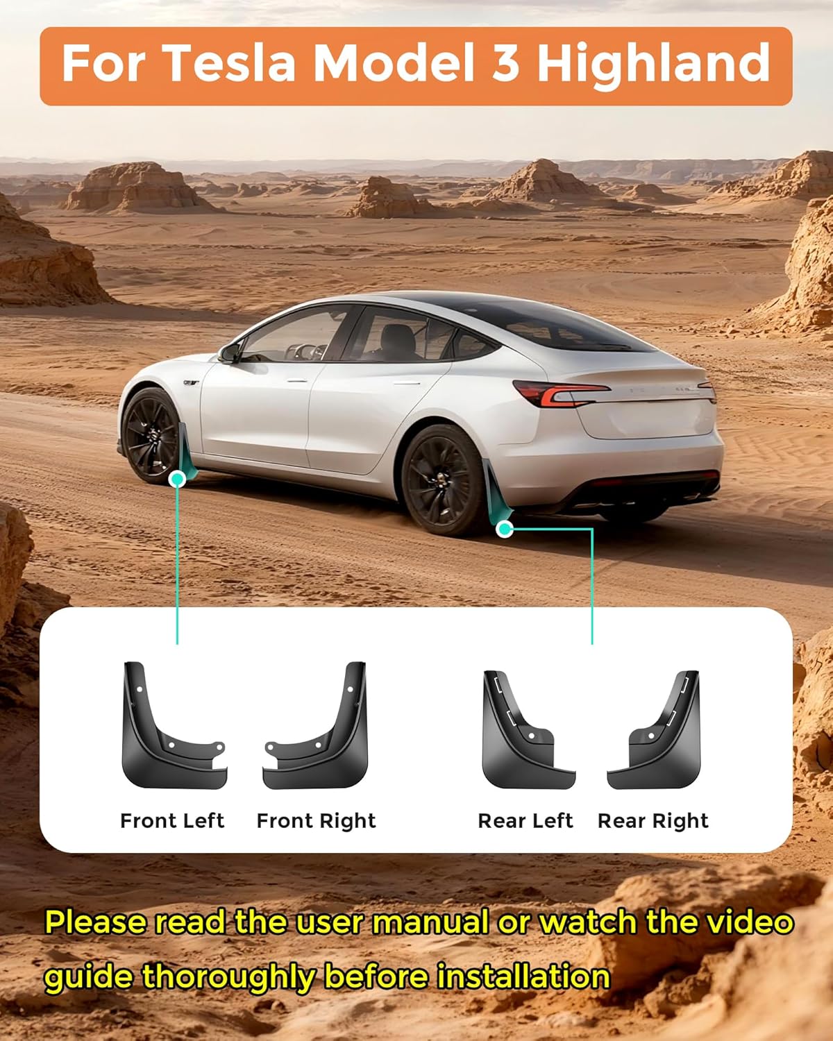Mud Flaps for New Tesla Model 3 Highland 2024 2025 Fender Accessories, All-Weather Front and Rear Splash Guards 4PCS, PP Plastic Heavy-Duty Mudflaps, Maximum Rock & Mud Protection