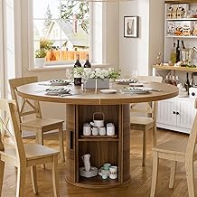 Round Dining Table Central Leg Round Kitchen Table 100 cm Round Dining Table with 2 Tier Storage Shelf and Wooden Sliding Door Round Kitchen Table for 4 People