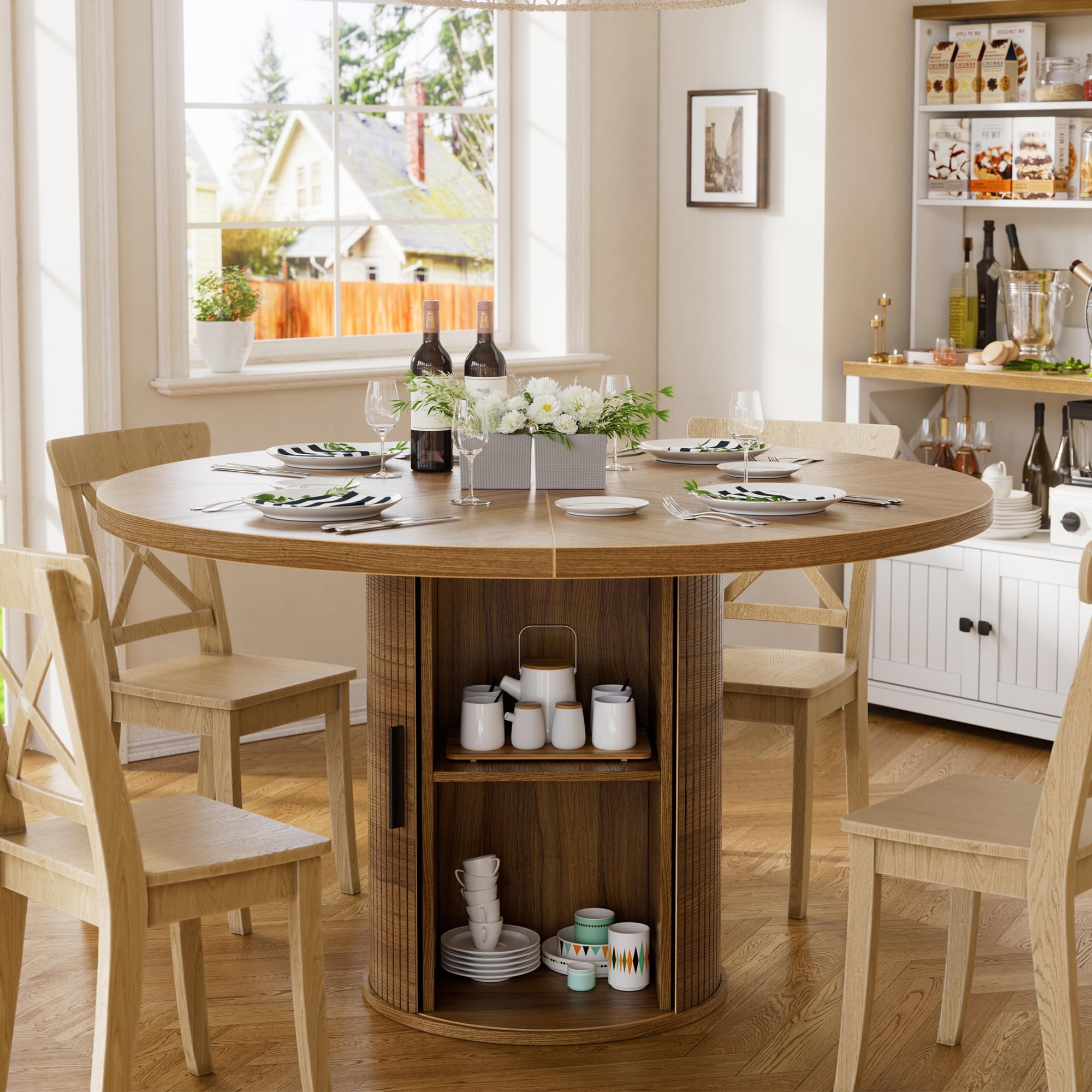 Mesa de Comedor Redonda Madera 100CM Mesa de Cocina Redonda con Estante de Almacenamiento de 2 Niveles y Puerta Corrediza de Madera Mesa de Comedor o Cocina Estable Mesa Redond Comedor 4 Personas