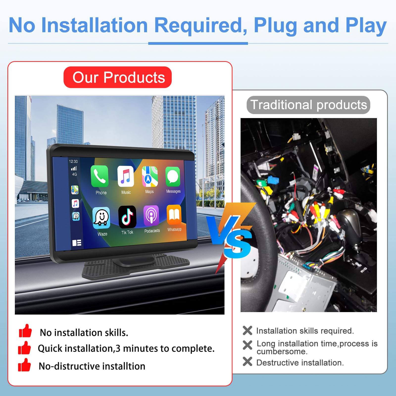 Podofo Wireless Carplay e Android Auto Autoradio Portatile 7" HD Touchscreen Autoradio con Bluetooth, Trasmissione FM, Airplay, Mirror Link & Telecamera per La Retromarcia