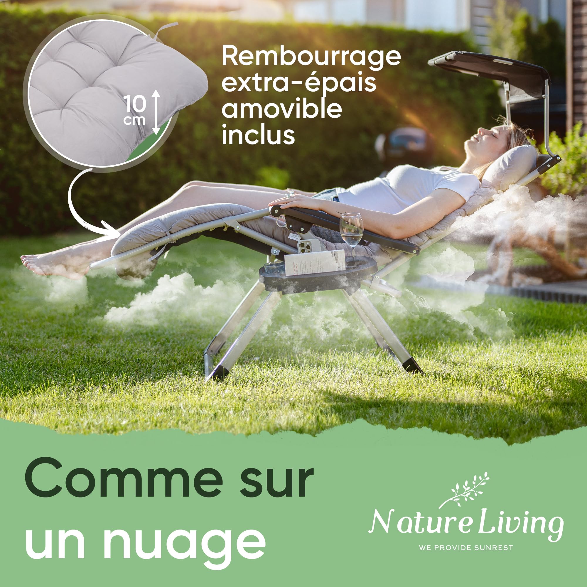 NatureLiving® Transat Pliable – Robuste, Rabattable et Résistant aux Intempéries – Bain de Soleil avec Toit pour Jardin et Balcon, Chaise Longue Outdoor Relax, Supporte 200 kg