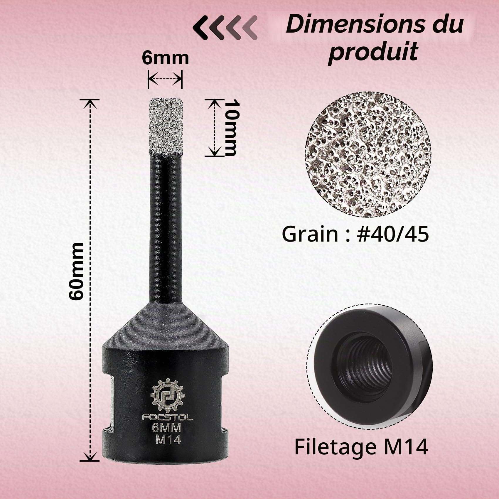 FOCSTOL Scie Cloche Diamant - 10 pièces 6mm Foret Diamant Carrelage pour Porcelaine Céramique Carrelage Marbre Granit M14 Filetage pour Meuleuse d'Angle