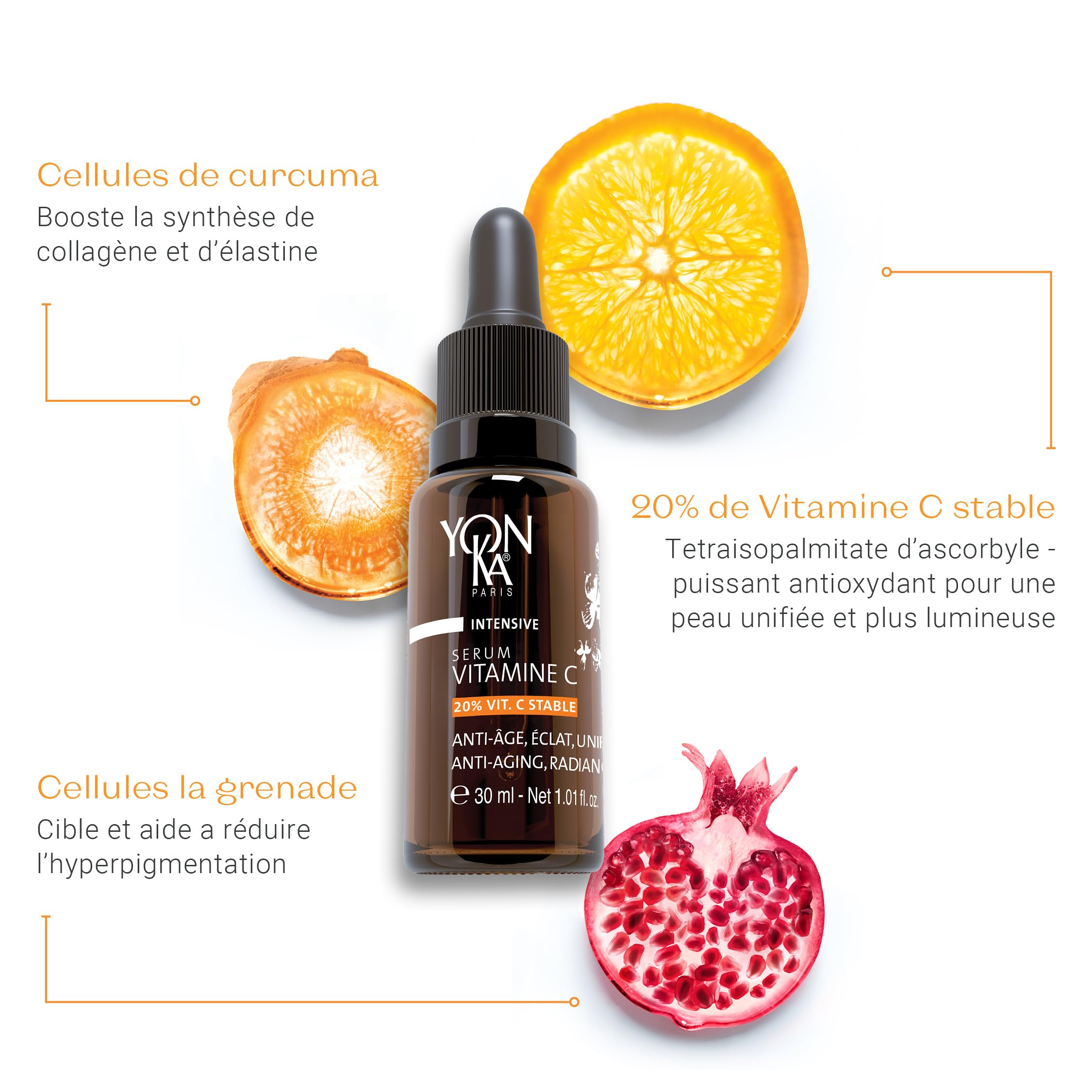 Yonka Sérum Vitamine C 30ml - Texture Huile - Anti-Âge, Éclat et Unifiant Illumine et Réduit les Taches - 20% de Vitamine C Stable - 99,9% d’Ingrédients d’Origine Naturelle