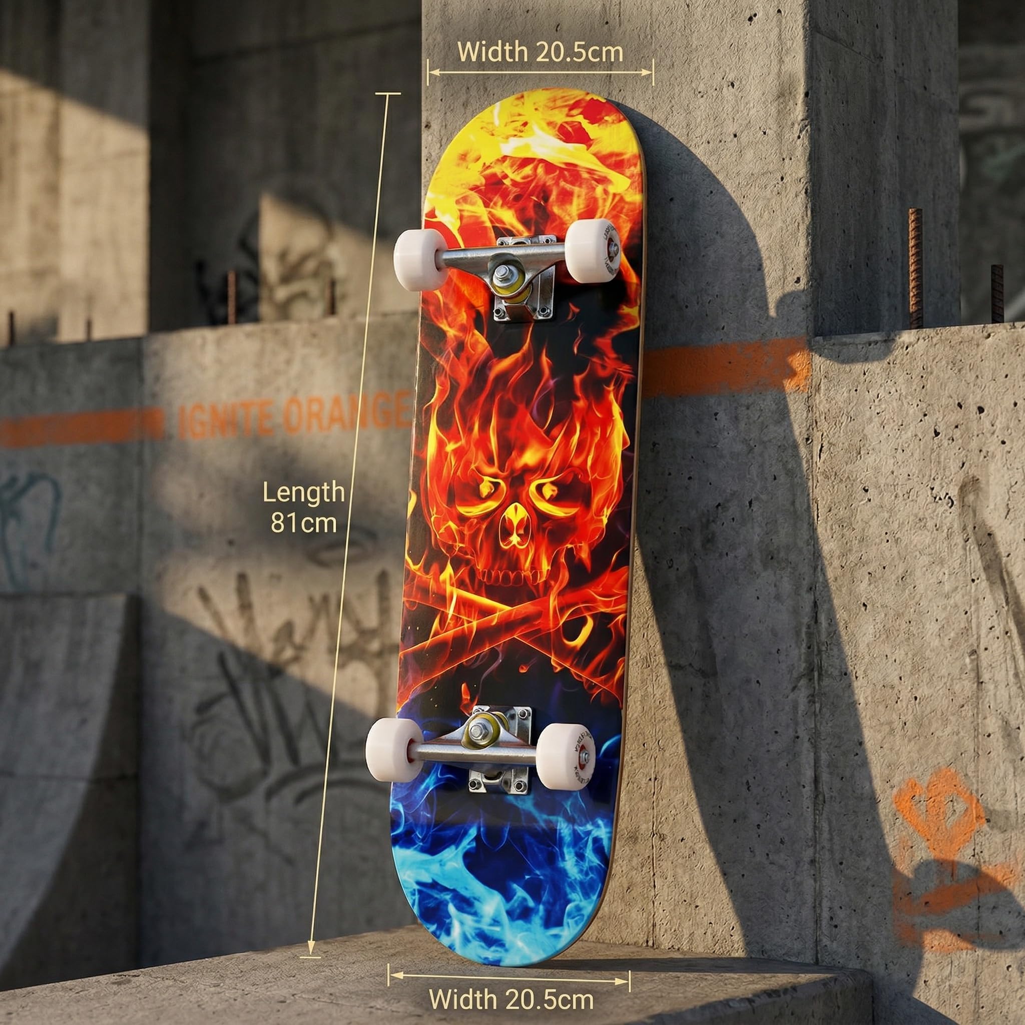 Skateboard Professionnel Double Kick,81 cm en érable, roulements ABEC-7, Roues en PU 95A, Design Graphique personnalisé (81cm, Feu Bleu)