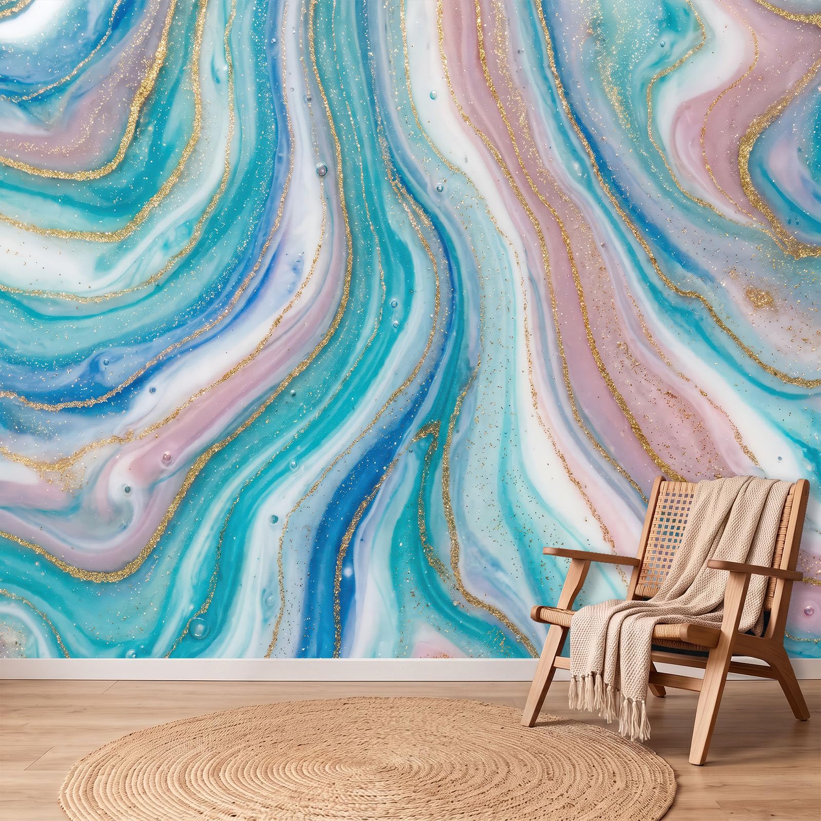 Papel pintado 3D panorámico de lujo discreto, efecto acuarela curvo póster, 250 x 175 cm (L x H) Papel pintado no tejido de pared para salón de niños, sofá TV fondo decoración, rosa azul
