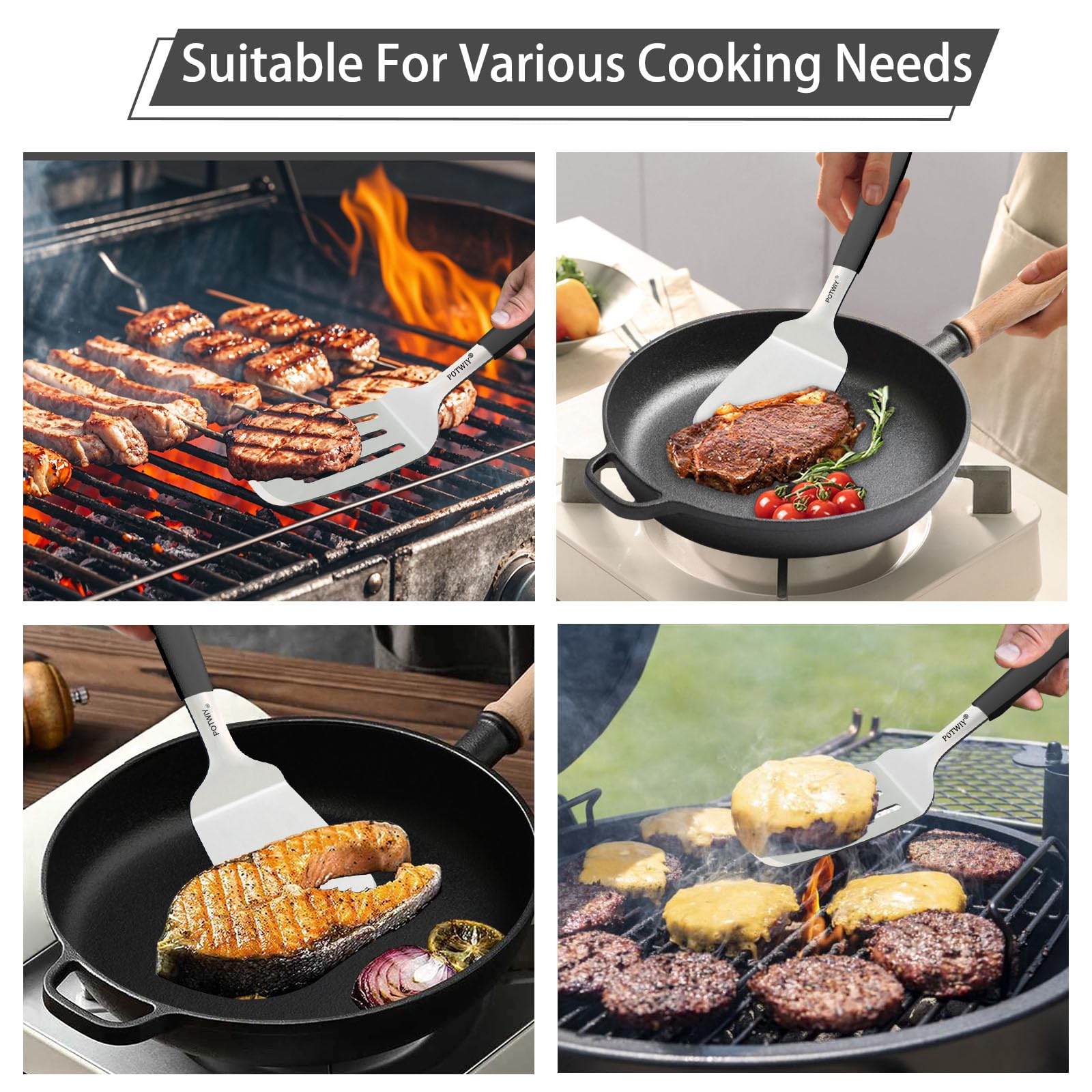 Juego de espátulas anchas de acero inoxidable, espátula sólida y ranurada con mango de silicona, espátulas de metal para uso en cocina, sartén de hierro fundido y espátula para plancha,