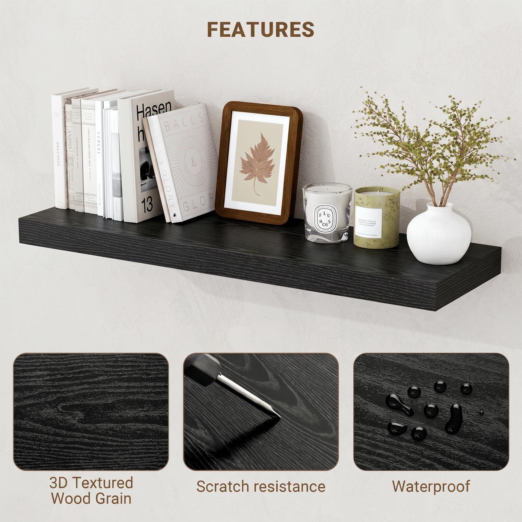 Acovy Lot de 2 étagères murales flottantes en bois pour salon, salle de bain, chambre à coucher, cuisine - 23,5 cm de profondeur - 80 cm de long - Noir