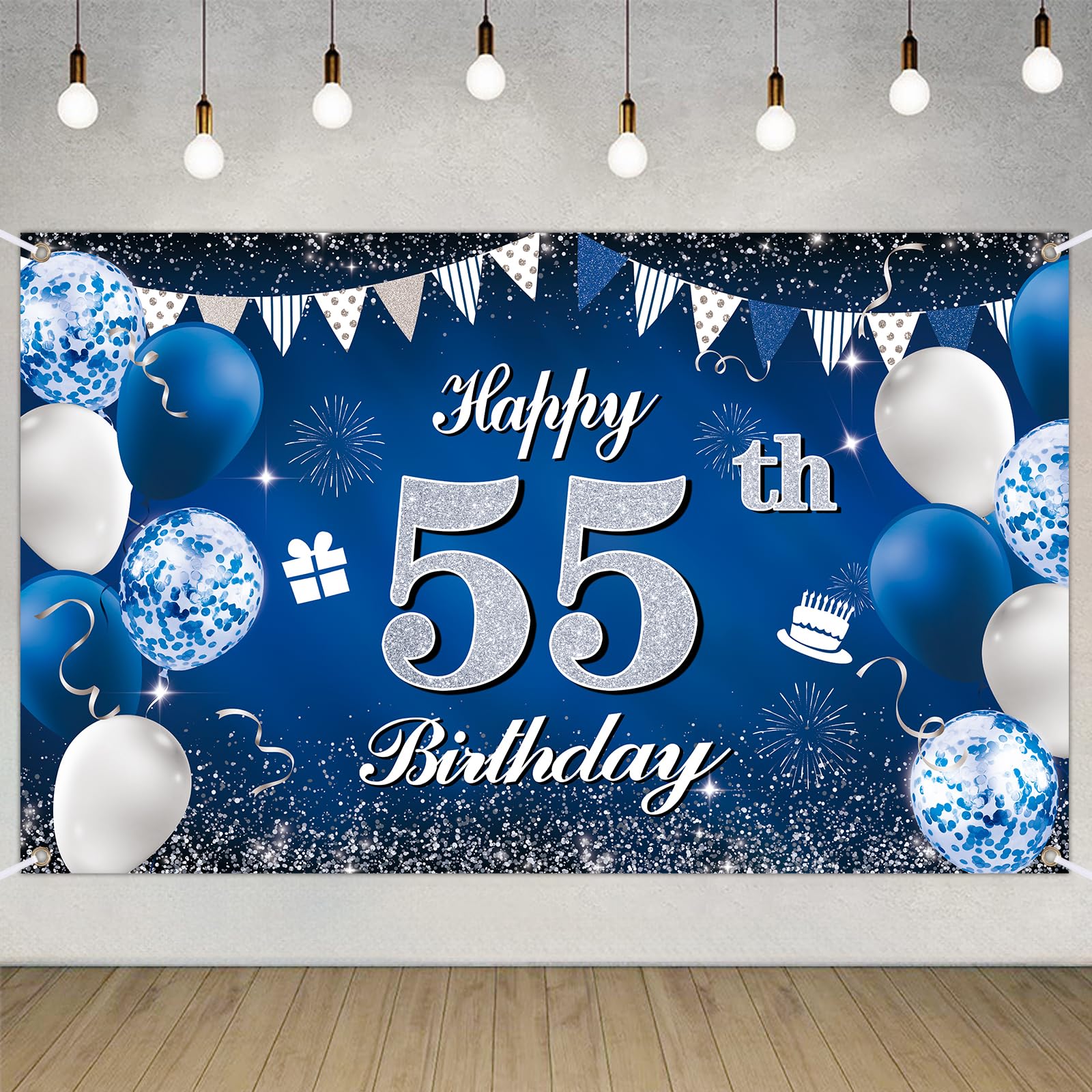 Happy 55th Birthday Decorations Blue Birthday Banner for Party Backdrop for Men Women Party Decoration Supplies — image 1
