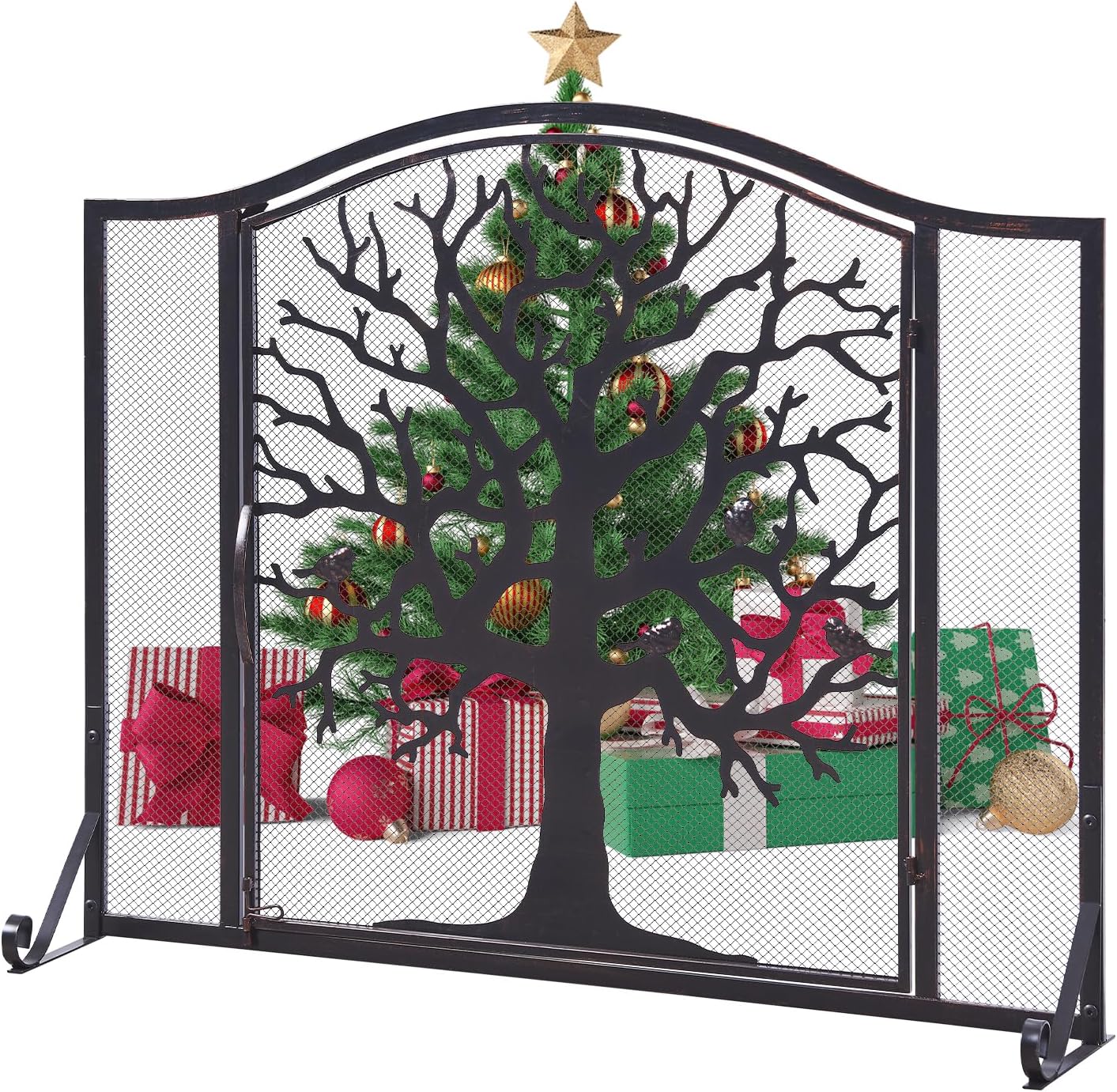 Vanity Art Single Panel Iron Fireplace Screen with Door | Farmhouse Decorative Mesh Spark Guard Fire Place Cover Bronze Finish Wood Burning Stove Accessories, Brown MLT2009FP-TR