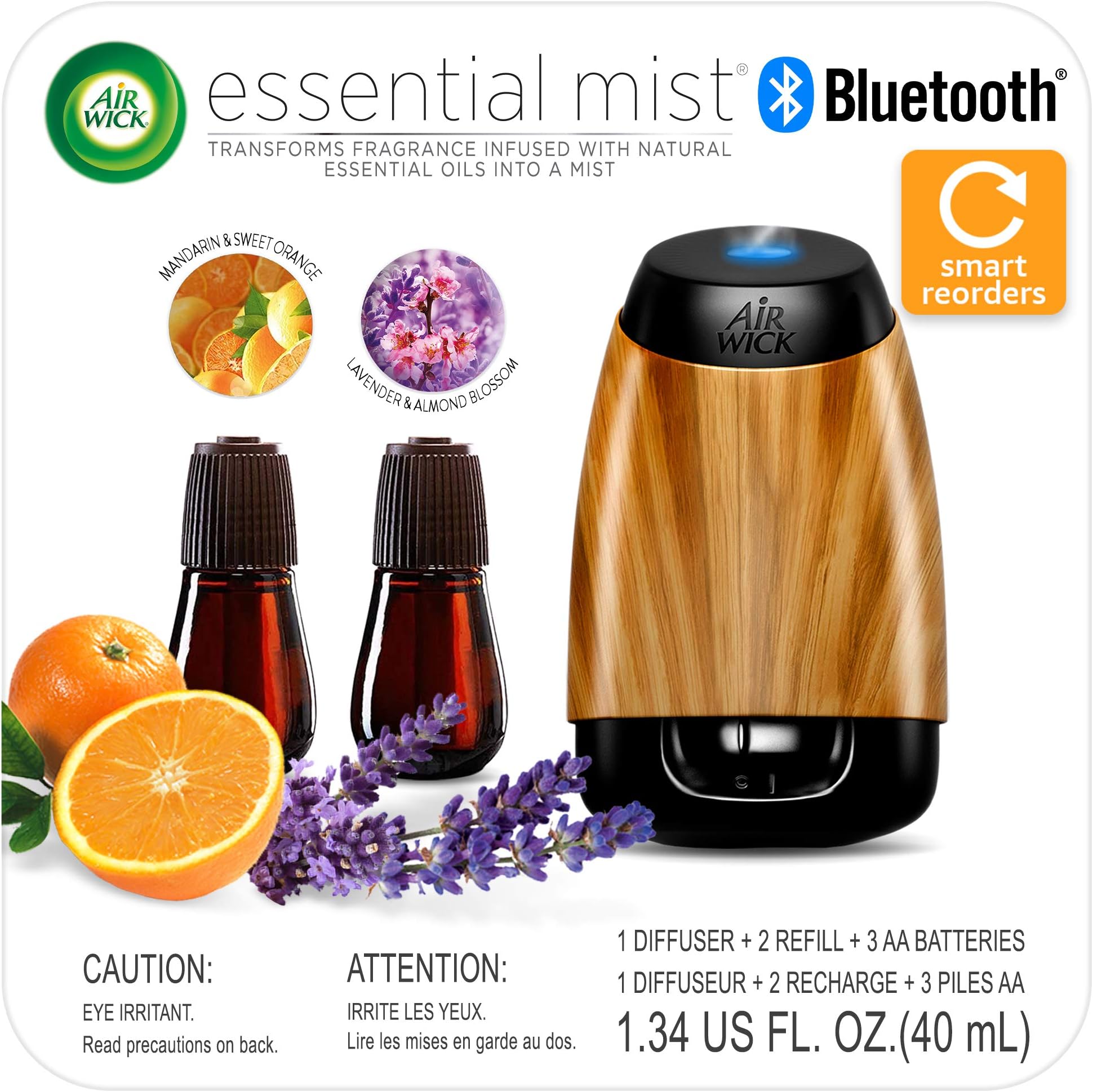 Air Wick Essential Mist Bluetooth Starter Kit, Essential Oil Diffuser (Diffuser + 2 Refills), Air Freshener, Lavender & Almond Blossom and Mandarin & Sweet Orange scents