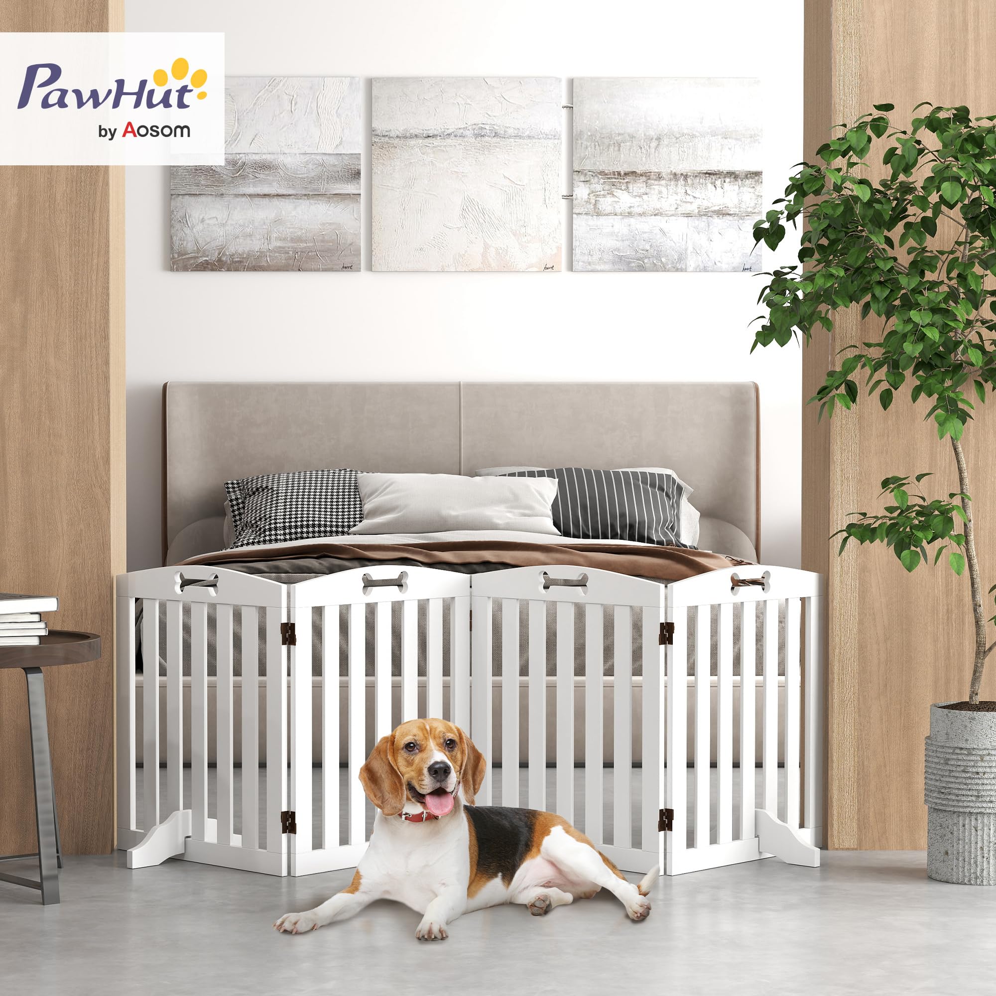 PawHut Barrera de Seguridad para Perros Plegable 207,5 cm, Valla para Perros Pequeños y Medianos de 4 Paneles con Pies Extraíbles, Puerta de Seguridad para Mascotas, para Escalera, Pasillo, Blanco
