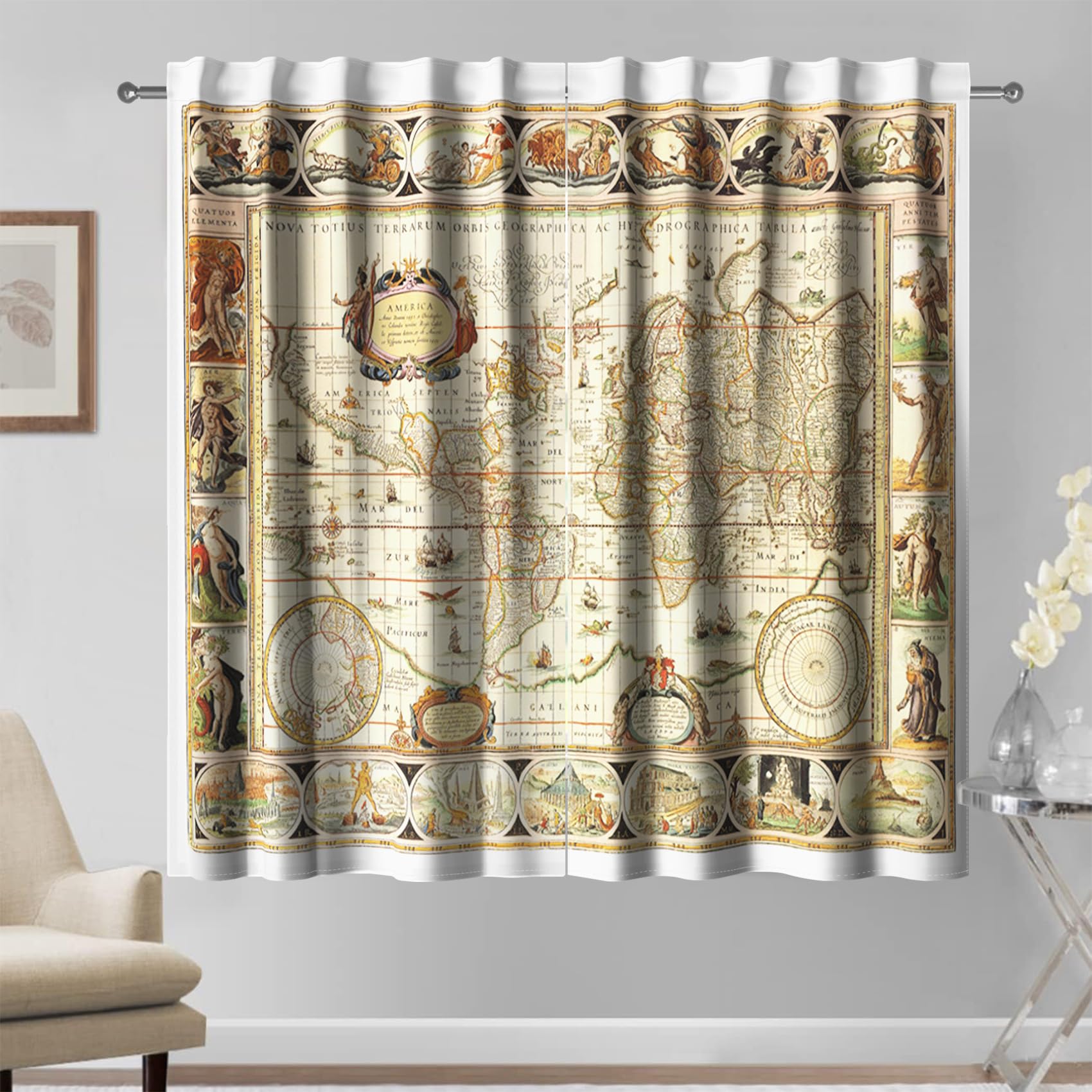 Kzzfqxb 107x160cm Vintage Map Curtains 2 Panels, 17th Century the Netherlands Old WorldMap Nostalgic Rod Pocket Window Drapes, Children Enlightenment Decor for Teens Bedroom Study Room