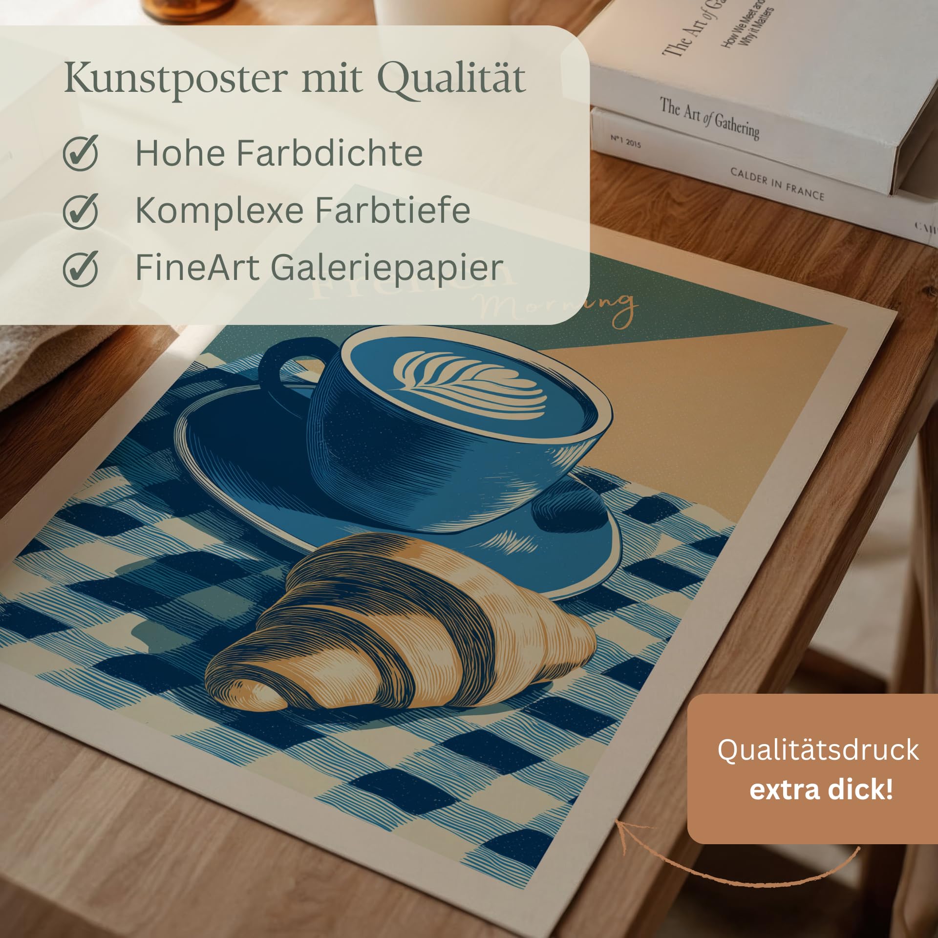 MJ-GRAPHICS® Kaffee Poster French Morning Küche Wandbild Retro Deko mit Croissant – Französisches Frühstücksposter für Frühstücksecke oder Esszimmer – A2 Poster mit Rahmen Holz Braun