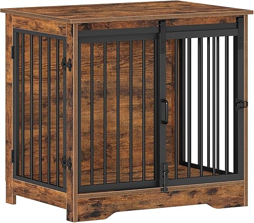 Miniatura 9 de Mueble de jaula para perros de 27.2 pulgadas con puerta de granero, perrera resistente para interiores con 2 puertas, mesa auxiliar de madera para